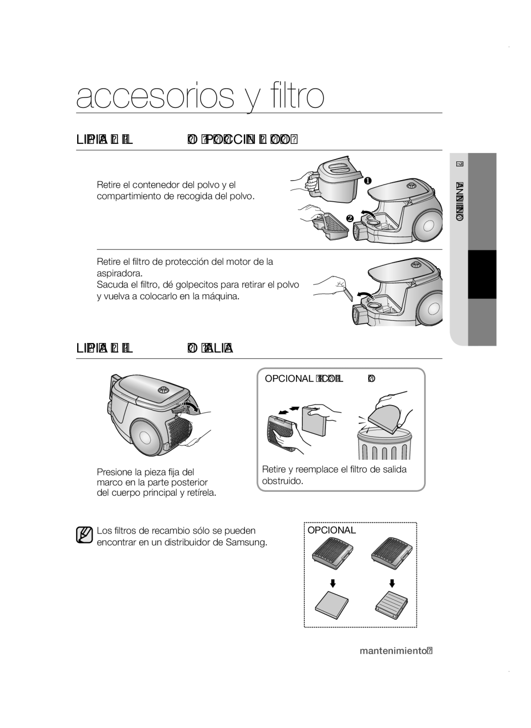 Samsung VCC4785V3K/XEC manual Limpieza del filtro de protección del motor, Limpieza del filtro de salida 