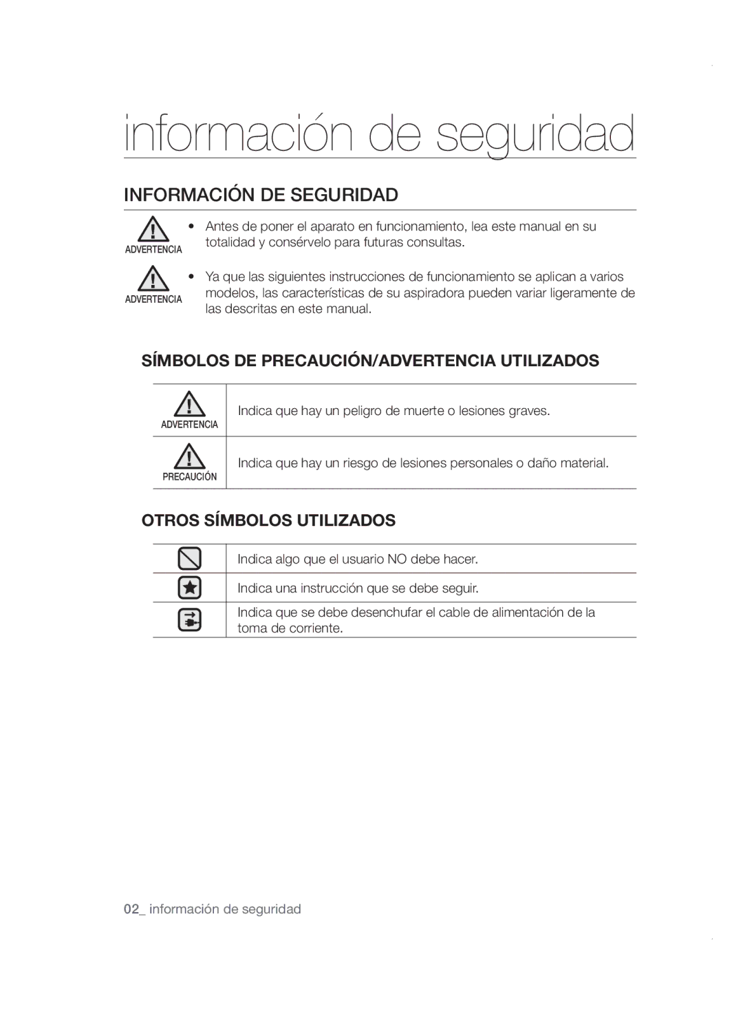 Samsung VCC4785V3K/XEC manual Información de seguridad 