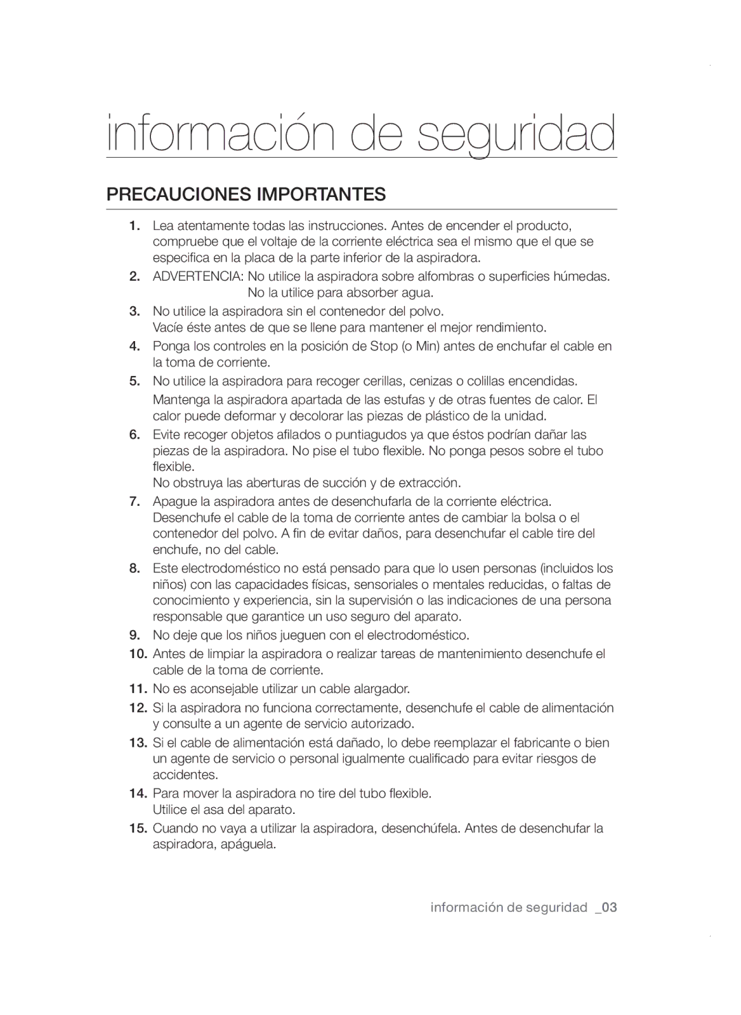 Samsung VCC4785V3K/XEC manual Precauciones importantes 