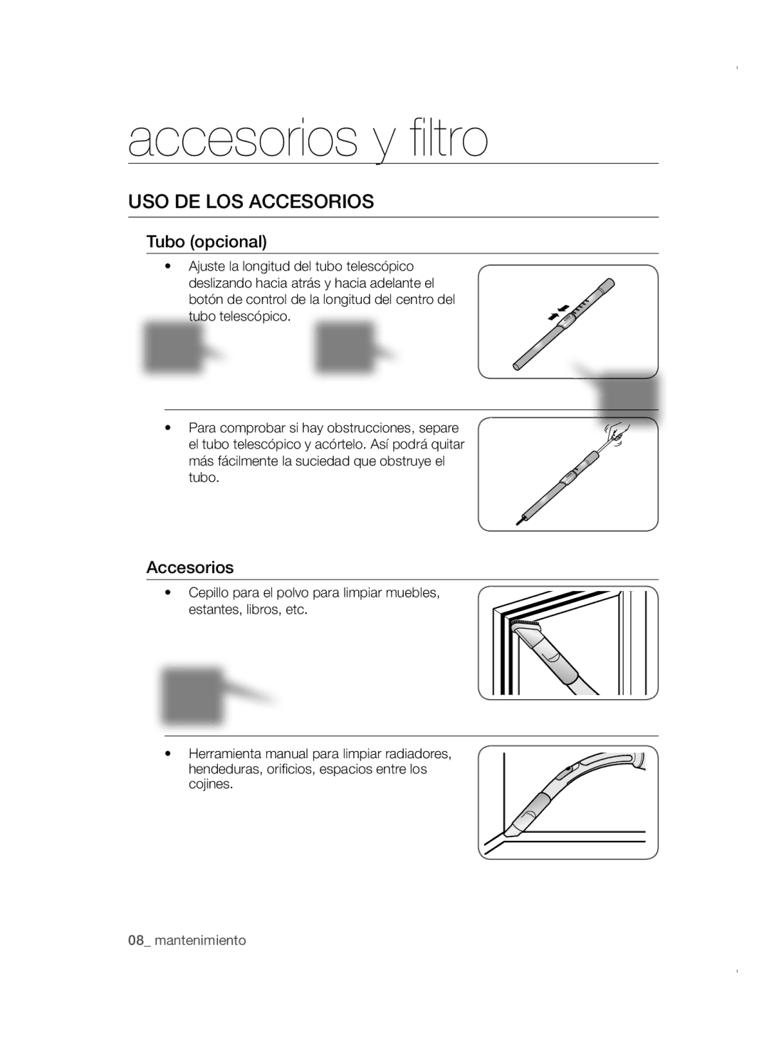 Samsung VCC4785V3K/XEC manual Accesorios y filtro, Uso de los accesorios 