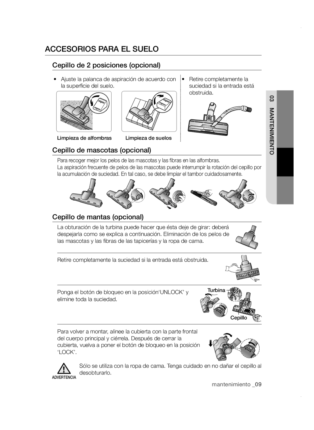 Samsung VCC4785V3K/XEC manual Accesorios para el suelo, Cepillo de 2 posiciones opcional 