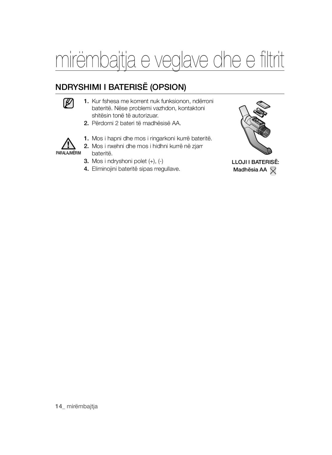 Samsung VCC4790H32/XEH, VCC4790H33/BOL, VCC4790H33/XEH manual Ndryshimi I Baterisë Opsion 