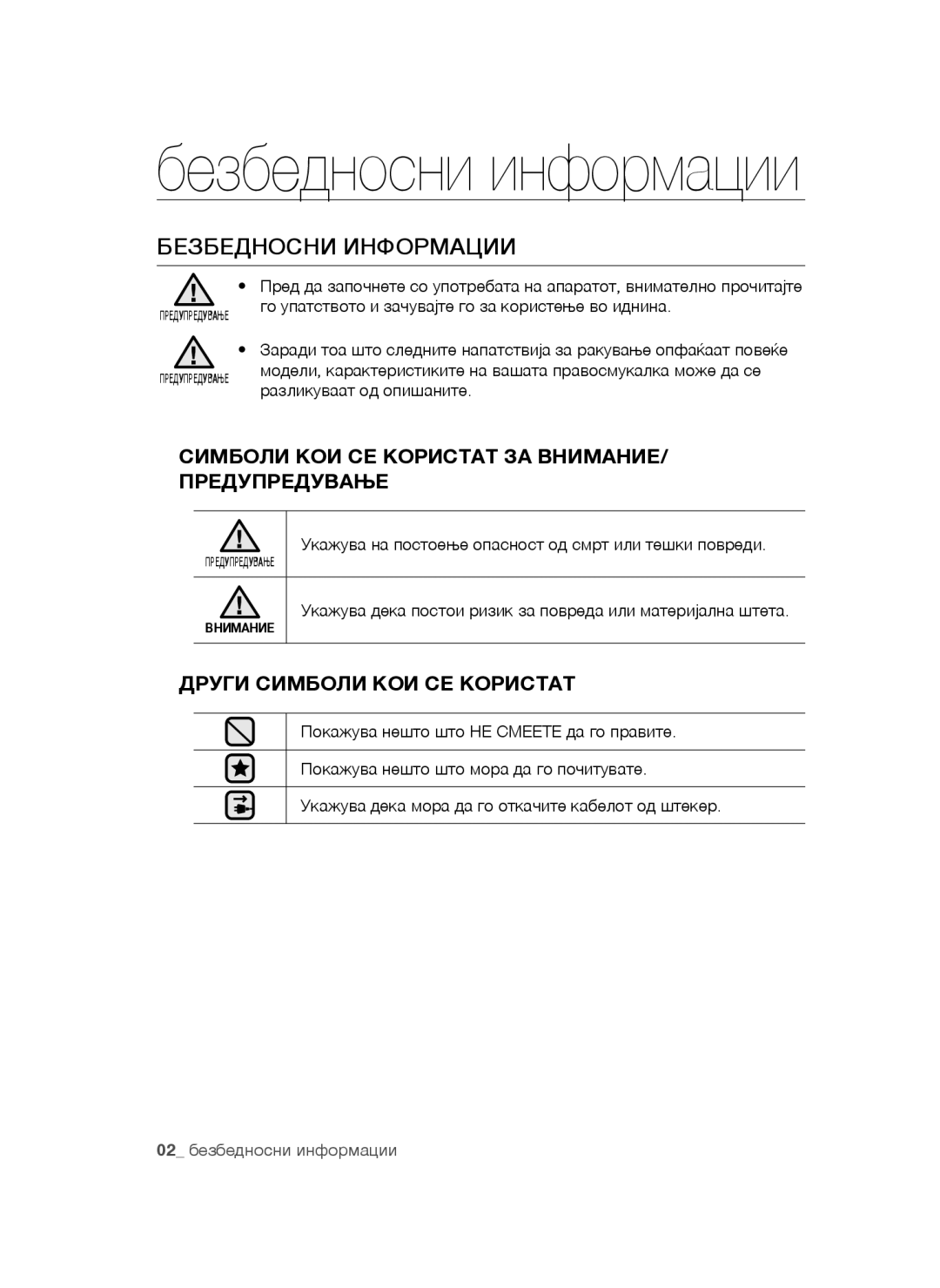 Samsung VCC4790H33/BOL, VCC4790H33/XEH manual Безбедносни Информации, Симболи КОИ СЕ Користат ЗА ВНИМАНИЕ/ Предупредување 