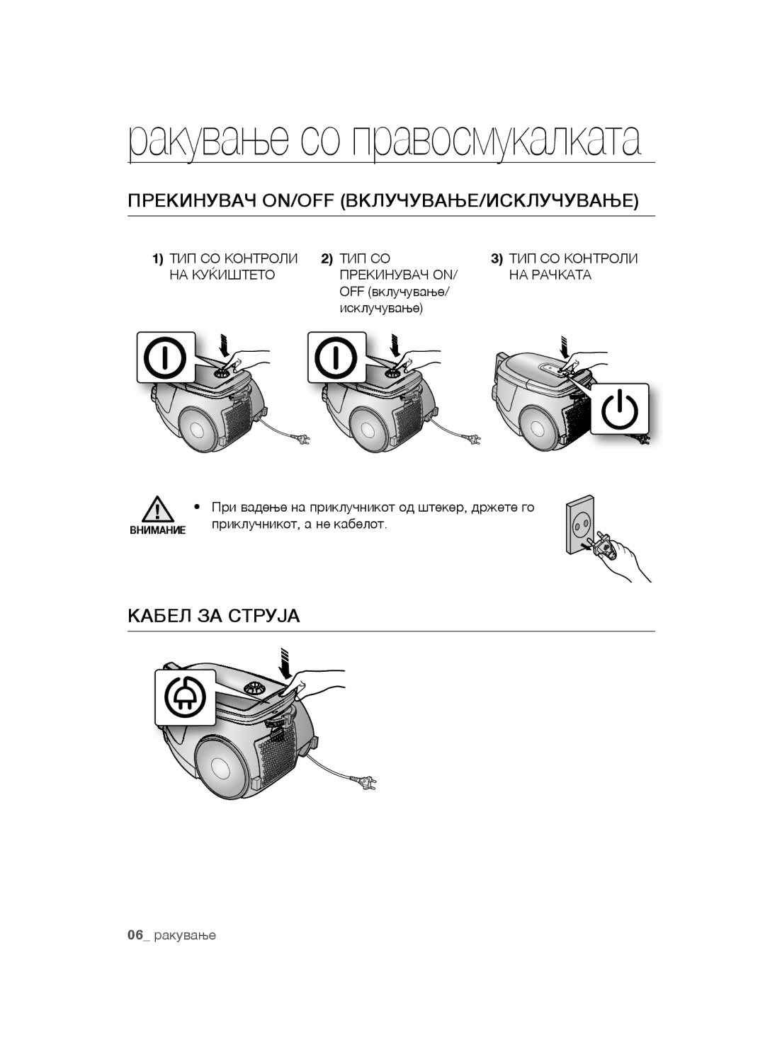 Samsung VCC4790H33/XEH, VCC4790H33/BOL manual Прекинувач ON/OFF ВКЛУЧУВАЊЕ/ИСКЛУЧУВАЊЕ, Кабел ЗА Струја, ТИП СО Контроли 