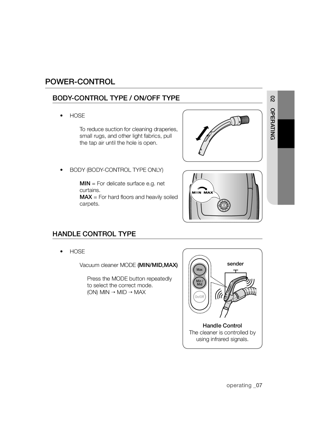 Samsung VCC4790H33/BOL, VCC4790H33/XEH Power-Control, Body BODY-CONTROL Type only, Operating Hose, On MIN → MID → MAX 