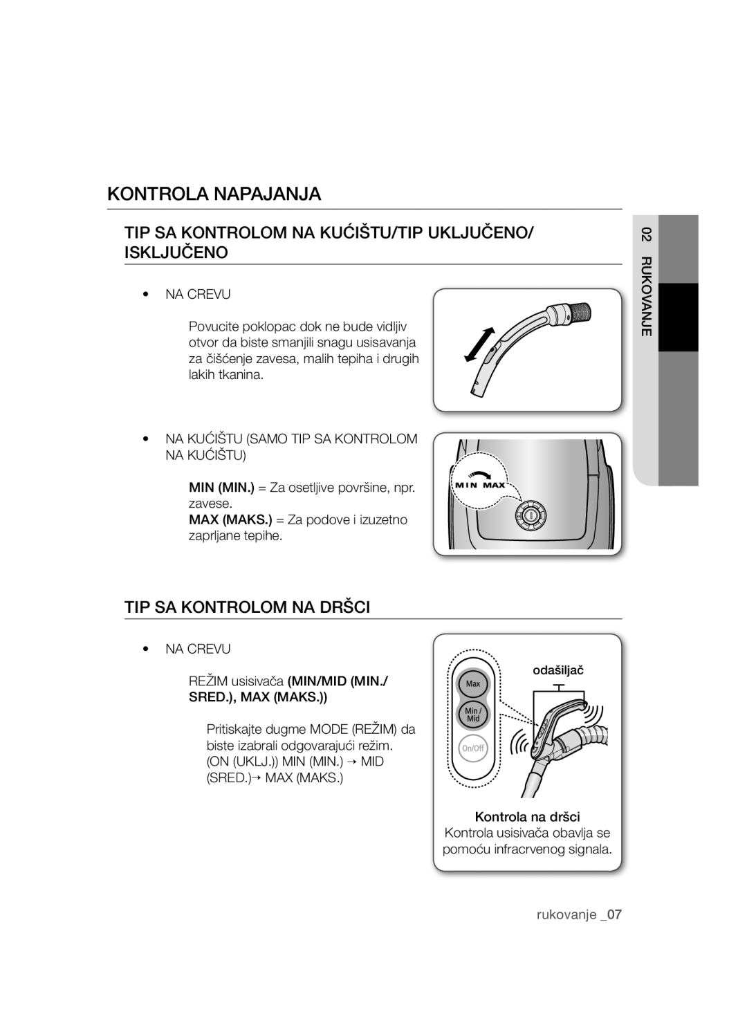 Samsung VCC4790H33/XEH manual Kontrola Napajanja, NA Crevu, NA Kućištu Samo TIP SA Kontrolom NA Kućištu, Rukovanje 