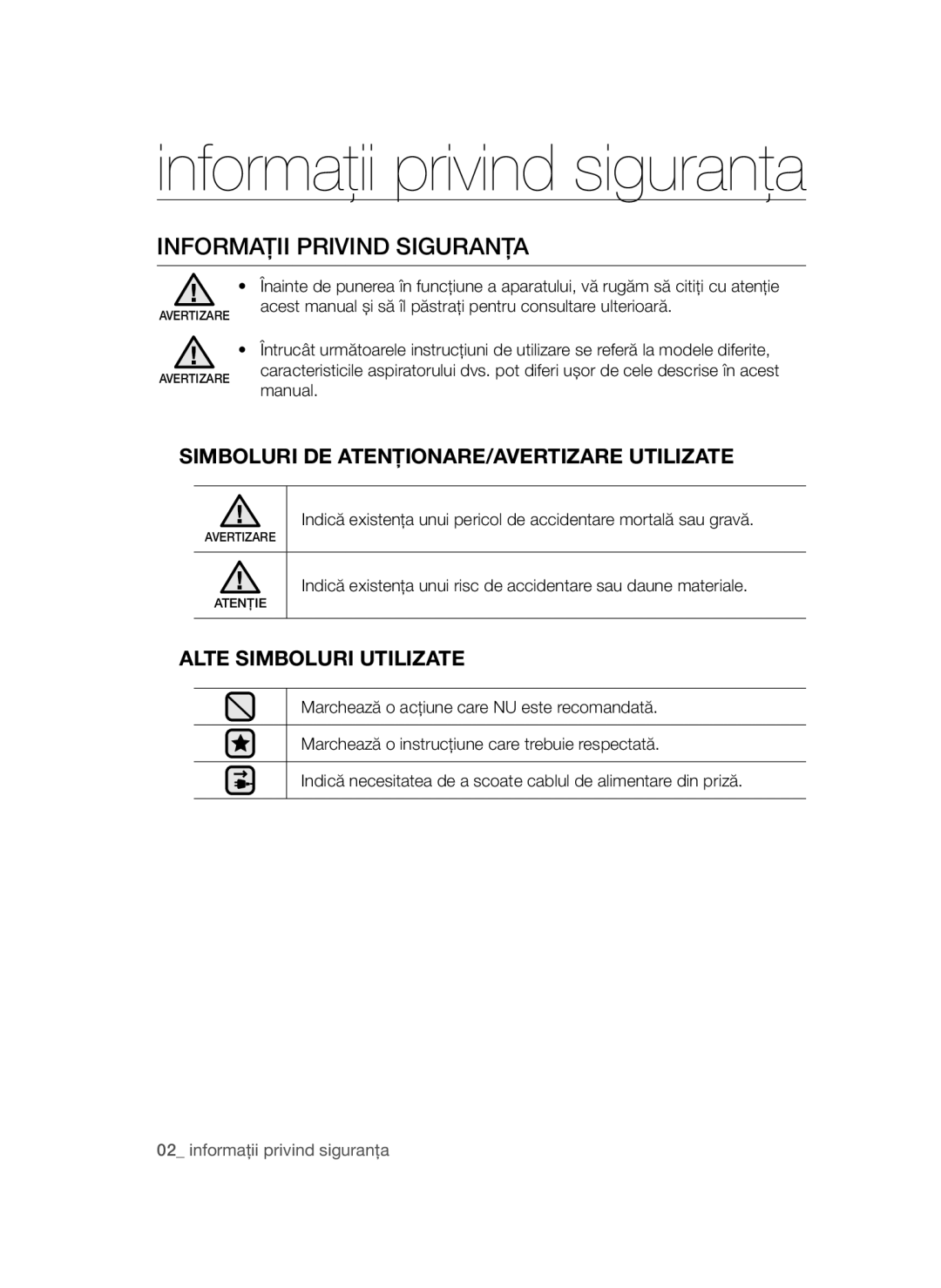 Samsung VCC4790H33/BOL manual Informaţii privind siguranţa, Informaţii Privind Siguranţa, Alte Simboluri Utilizate 