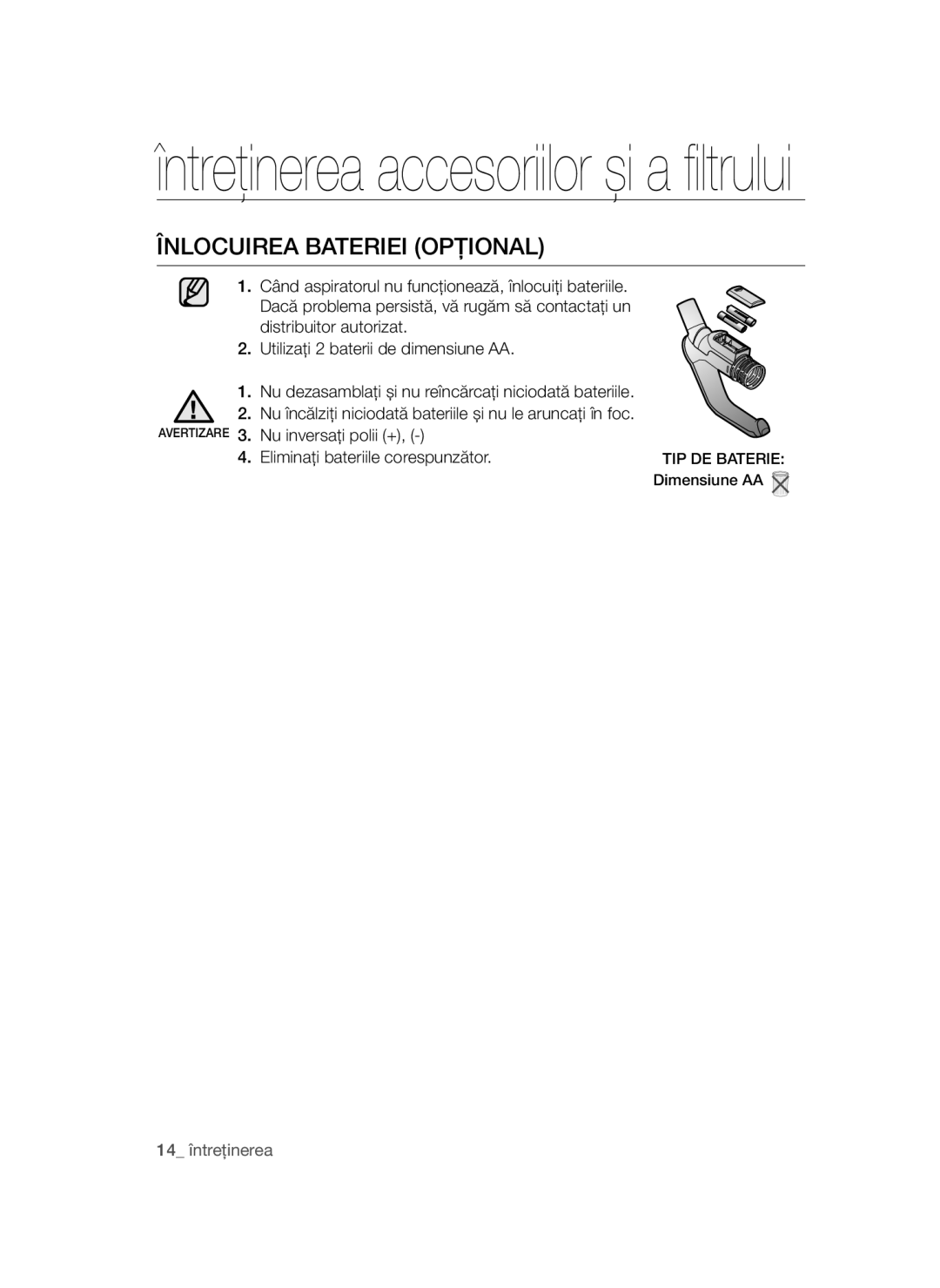 Samsung VCC4790H33/BOL, VCC4790H33/XEH, VCC4790H32/XEH manual Înlocuirea Bateriei Opţional 