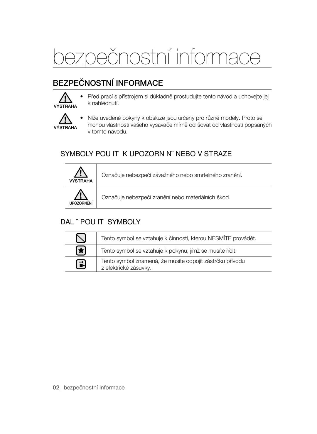 Samsung VCC4790H33/XEH manual Bezpečnostní informace, Bezpečnostní Informace, Symboly Použité K Upozornění Nebo Výstraze 