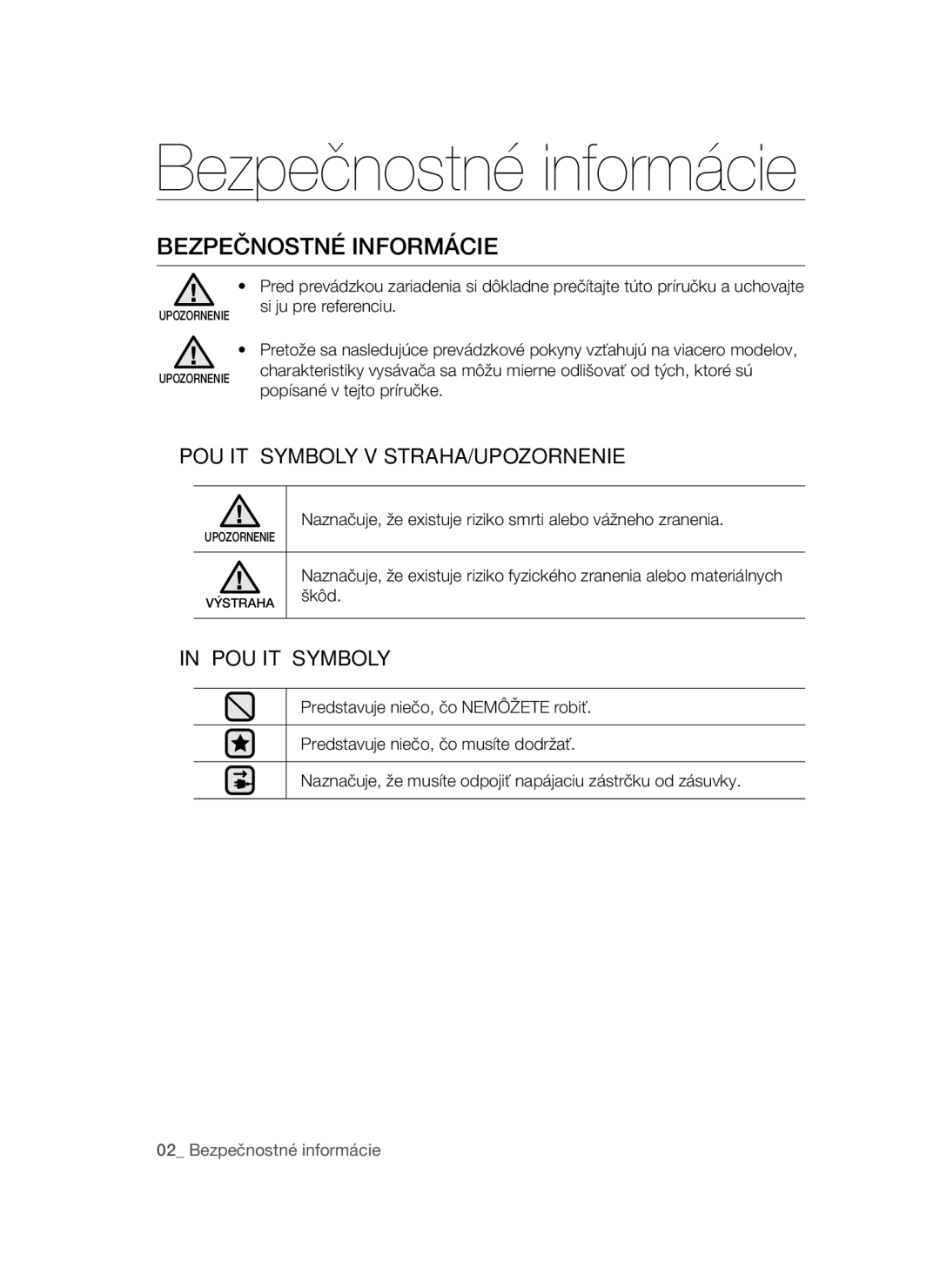 Samsung VCC4790H33/XEH manual Bezpečnostné informácie, Bezpečnostné Informácie, Použité Symboly VÝSTRAHA/UPOZORNENIE 