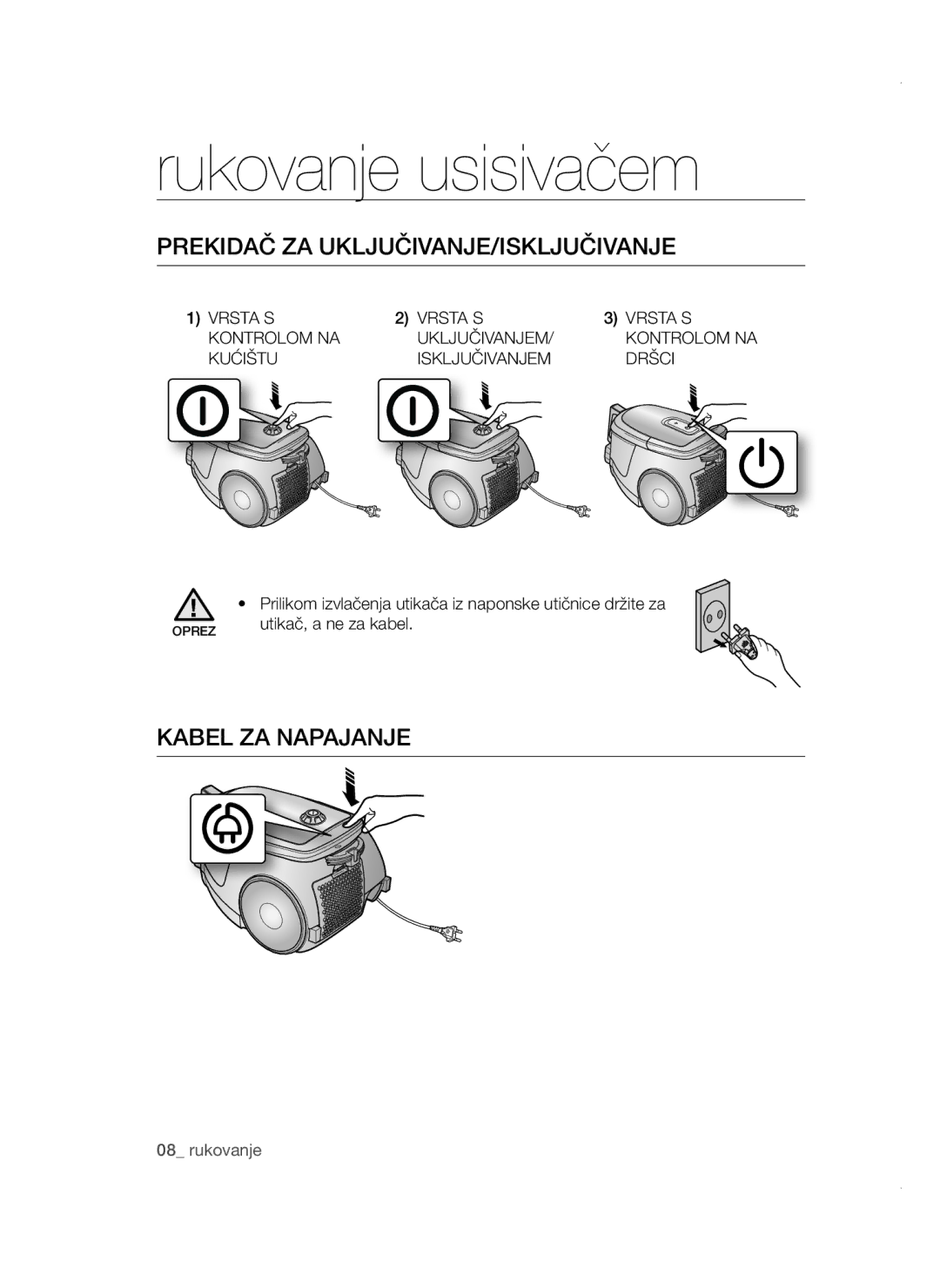 Samsung VCC47E0H33/BOL, VCC4780V3K/BOL, VCC4780V32/XEH manual Prekidač ZA UKLJUČIVANJE/ISKLJUČIVANJE, Kabel ZA Napajanje 