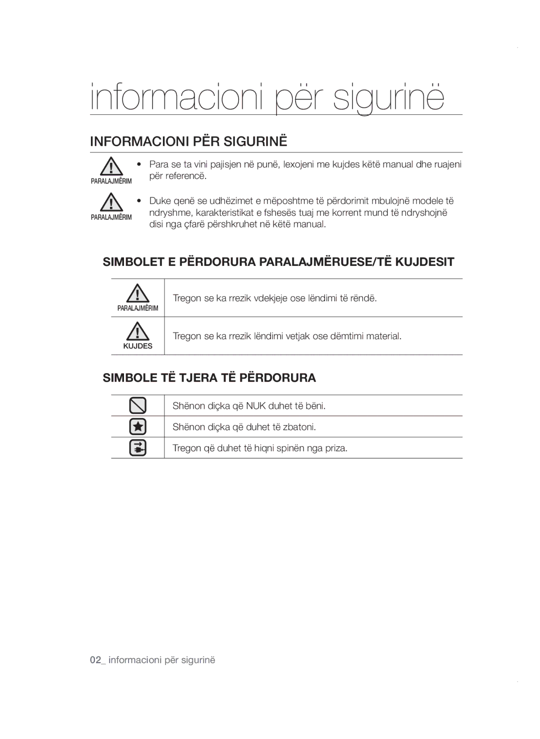 Samsung VCC4780V32/XEH, VCC47E0H33/BOL Informacioni për sigurinë, Informacioni PËR Sigurinë, Simbole TË Tjera TË Përdorura 