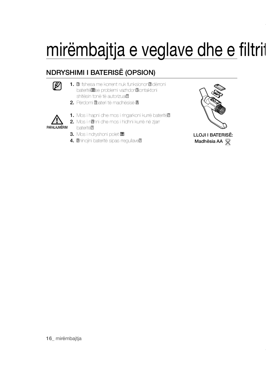 Samsung VCC47E0H33/BOL, VCC4780V3K/BOL, VCC4780V32/XEH, VCC47E0H33/XEH manual Ndryshimi I Baterisë Opsion 