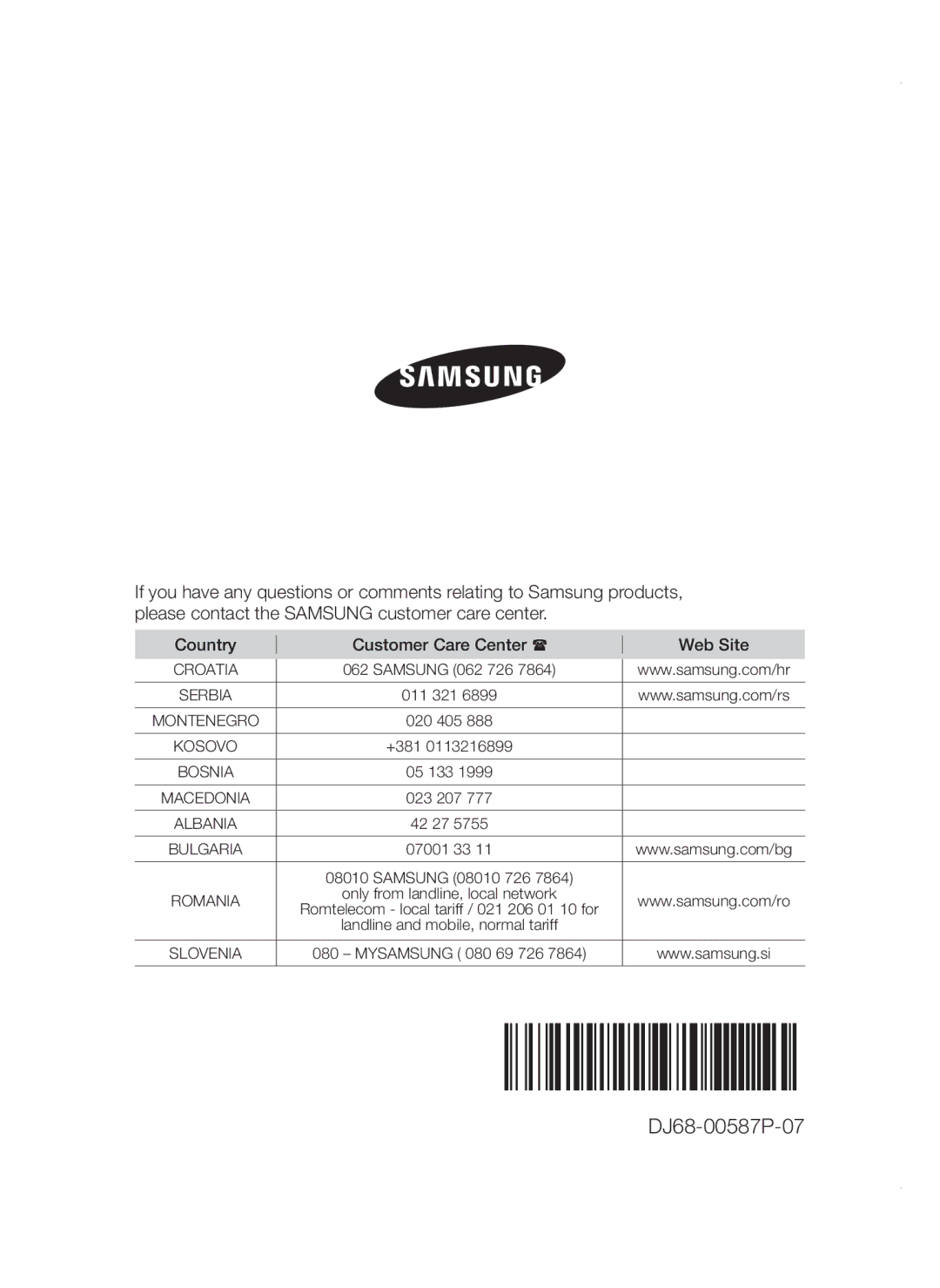 Samsung VCC47E0H33/BOL, VCC4780V3K/BOL, VCC4780V32/XEH, VCC47E0H33/XEH manual DJ68-00587P-07, Albania 