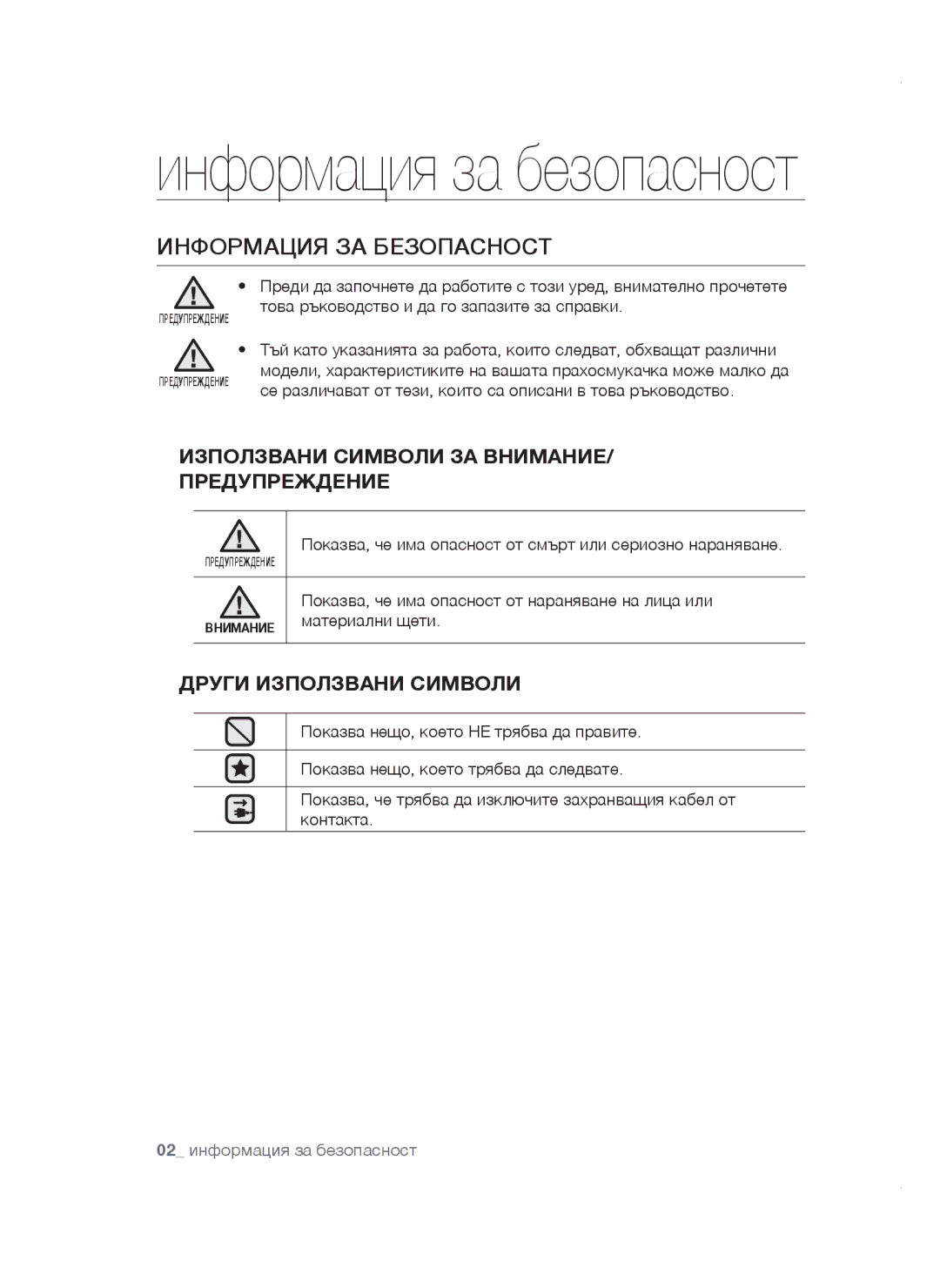 Samsung VCC4780V32/XEH Информация ЗА Безопасност, Използвани Символи ЗА ВНИМАНИЕ/ Предупреждение, Други Използвани Символи 