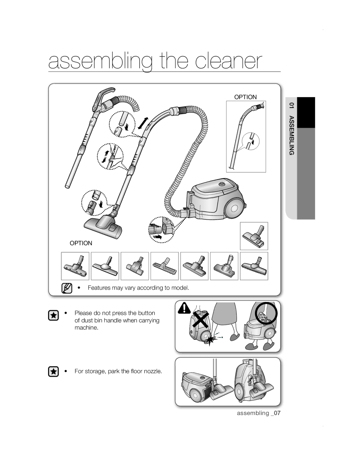 Samsung VCC47E0H33/XEH, VCC47E0H33/BOL, VCC4780V3K/BOL, VCC4780V32/XEH manual Assembling the cleaner, Option 