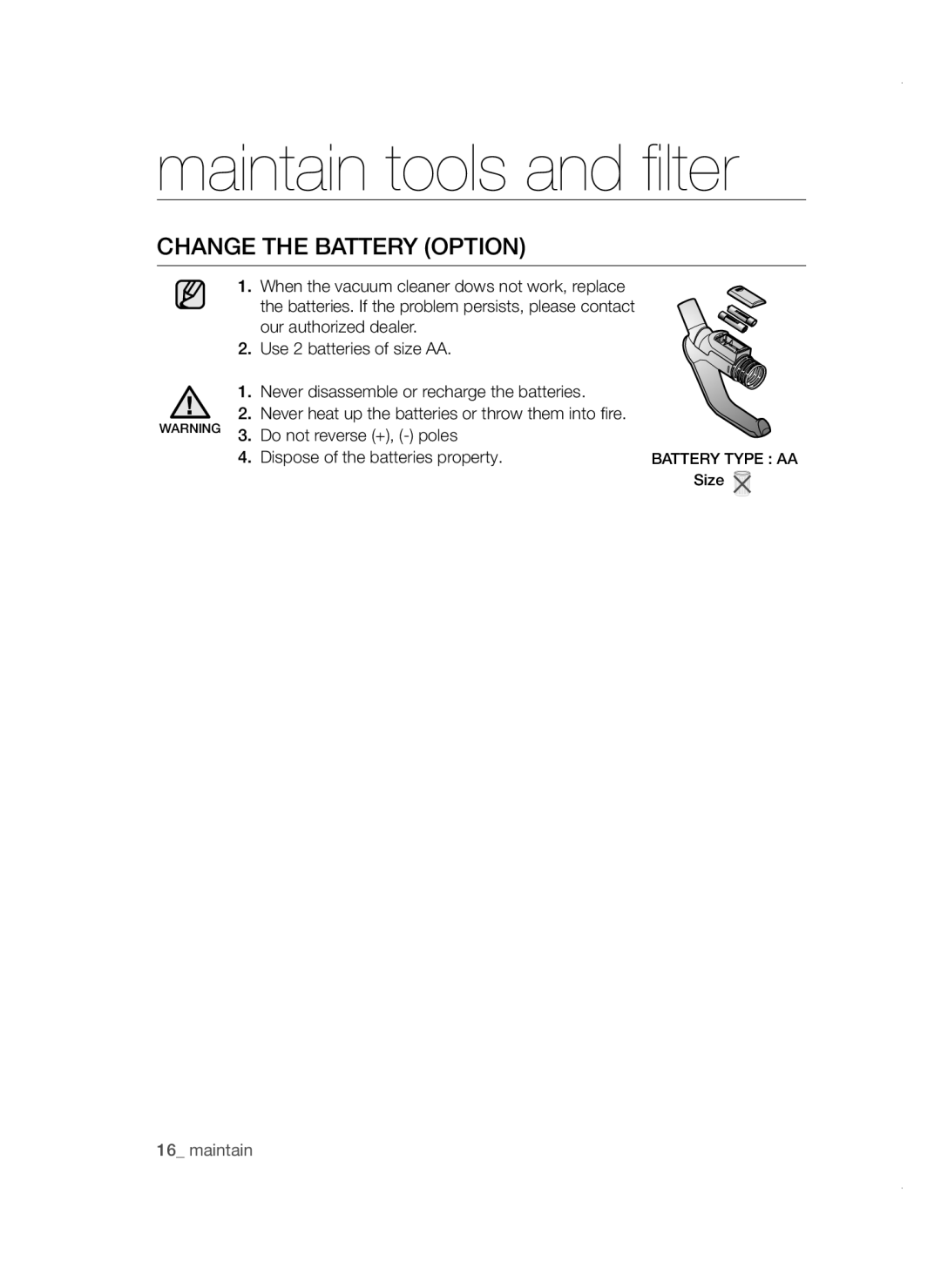 Samsung VCC47E0H33/BOL, VCC4780V3K/BOL, VCC4780V32/XEH, VCC47E0H33/XEH manual Change the Battery Option 