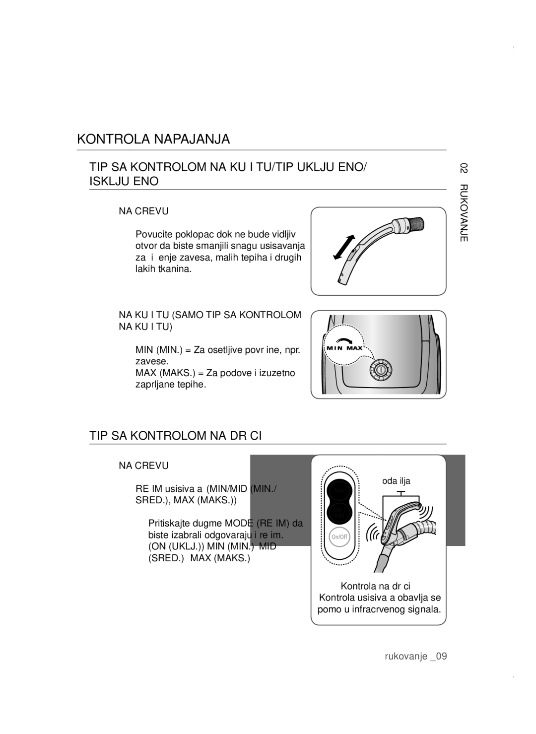 Samsung VCC4780V3K/BOL, VCC47E0H33/BOL manual Kontrola Napajanja, NA Crevu, NA Kućištu Samo TIP SA Kontrolom NA Kućištu 