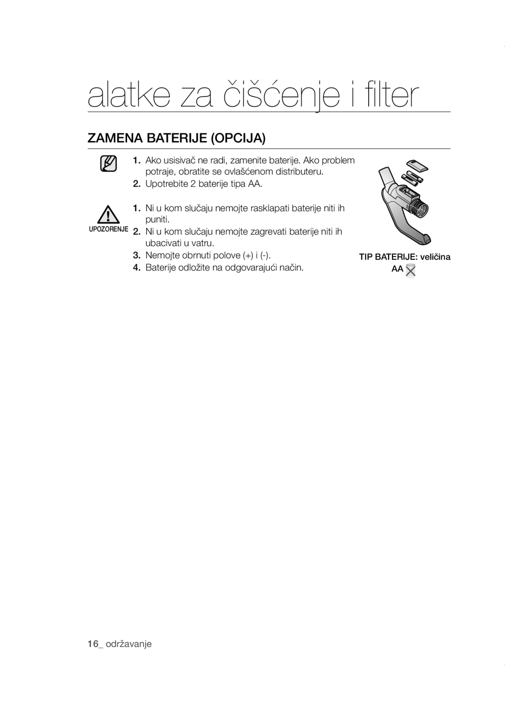 Samsung VCC47E0H33/BOL, VCC4780V3K/BOL, VCC4780V32/XEH, VCC47E0H33/XEH manual Zamena Baterije Opcija 