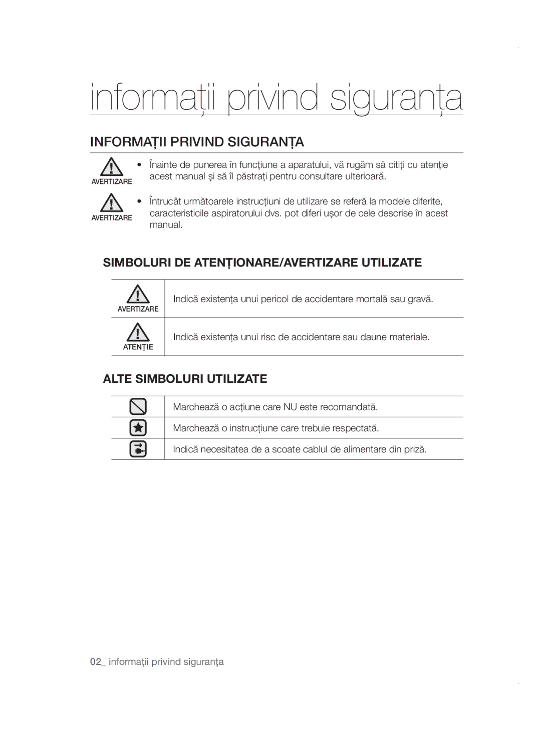 Samsung VCC4780V32/XEH manual Informaţii privind siguranţa, Informaţii Privind Siguranţa, Alte Simboluri Utilizate 