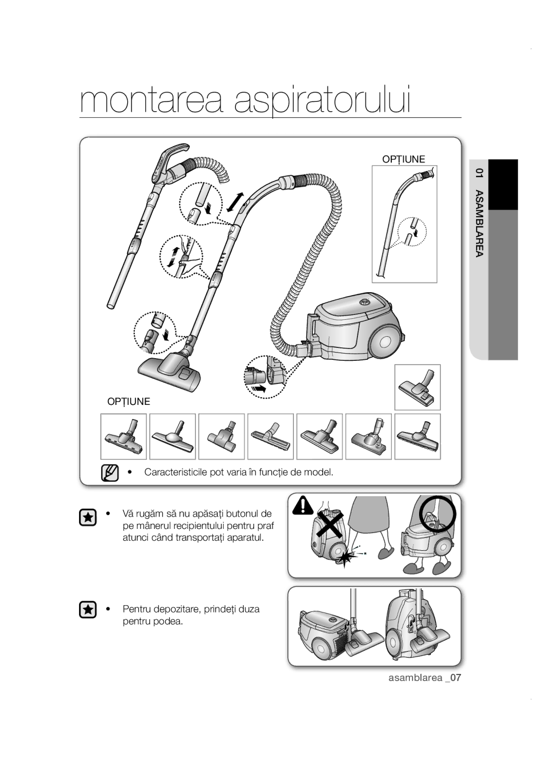 Samsung VCC47E0H33/XEH, VCC47E0H33/BOL, VCC4780V3K/BOL, VCC4780V32/XEH manual Montarea aspiratorului, Opţiune 