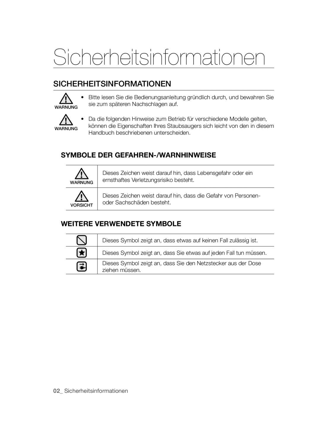 Samsung VCC47J0V36/XEG manual Sicherheitsinformationen, Dieses Zeichen weist darauf hin, dass Lebensgefahr oder ein 