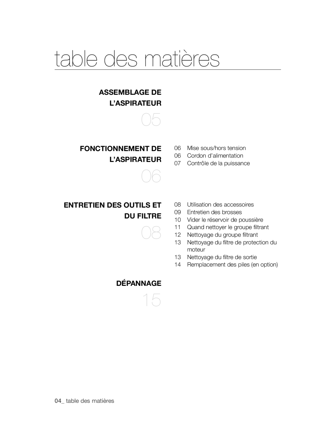 Samsung VCC47J0V36/XEG, VCC47J0V3G/XEP manual Table des matières 