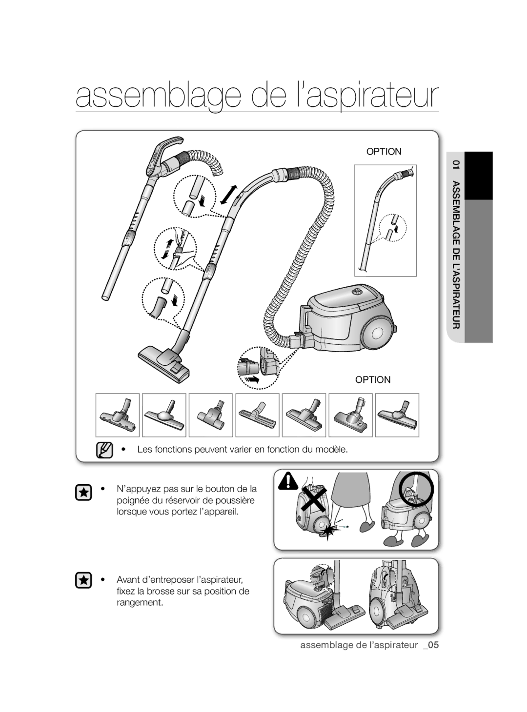 Samsung VCC47J0V3G/XEP, VCC47J0V36/XEG manual Assemblage de l’aspirateur, ’ASPIRATEUR Option 