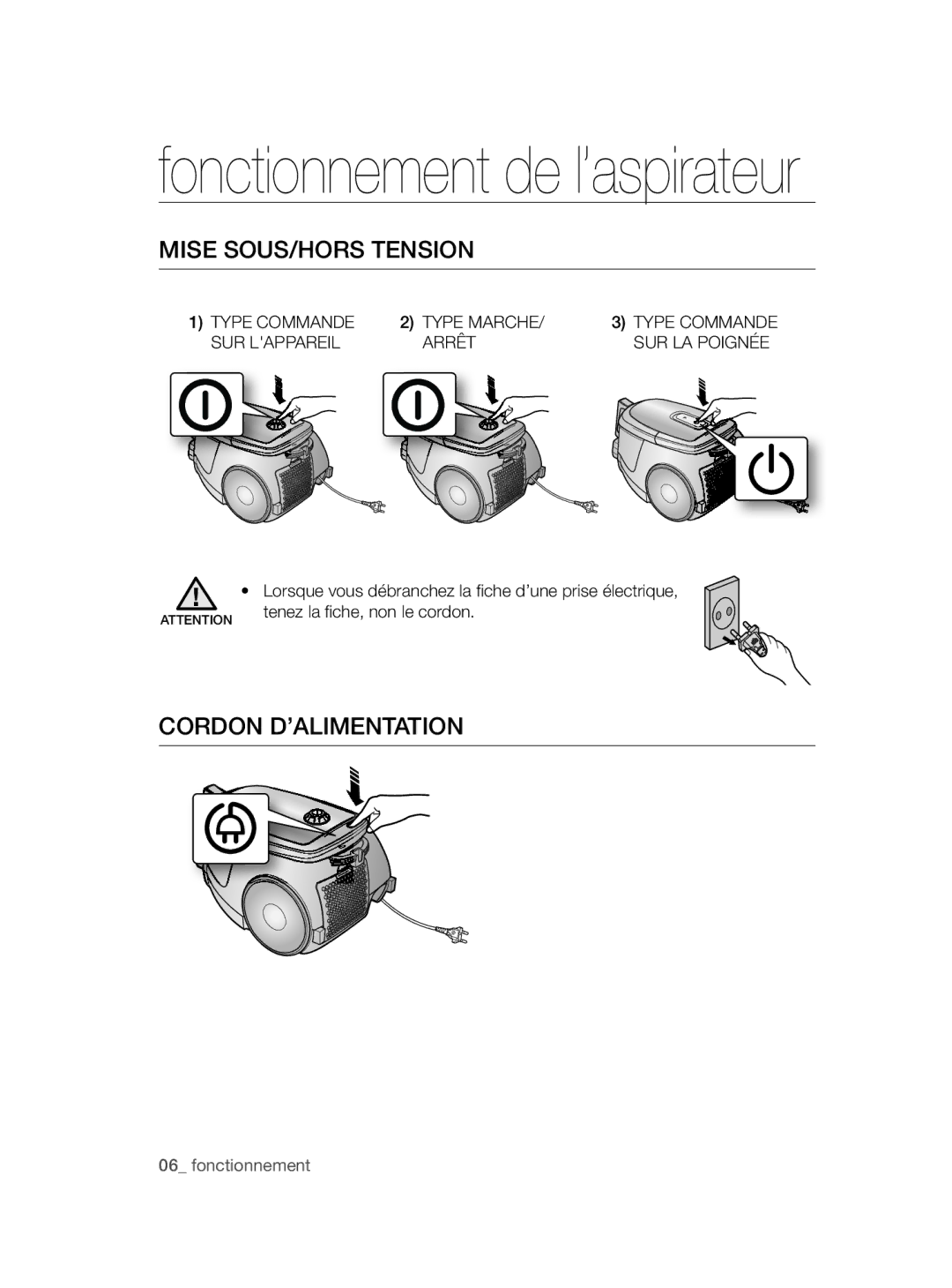 Samsung VCC47J0V36/XEG manual Mise SOUS/HORS Tension, Cordon D’ALIMENTATION, Type Commande Type Marche, SUR Lappareil Arrêt 