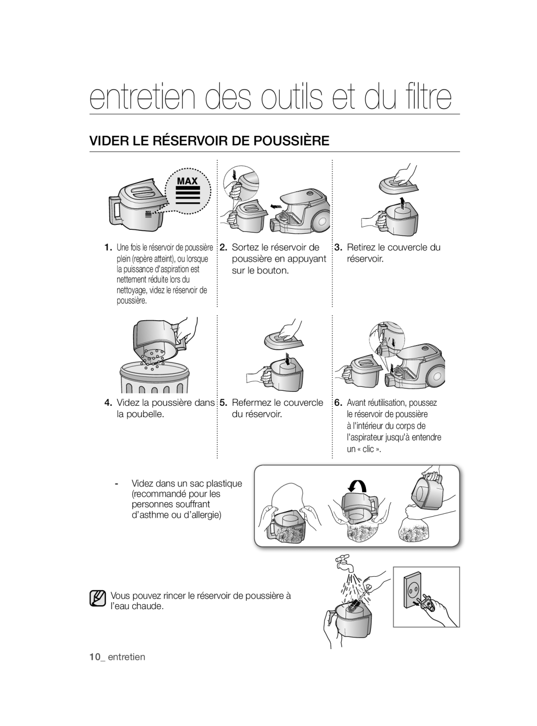 Samsung VCC47J0V36/XEG, VCC47J0V3G/XEP manual Vider LE Réservoir DE Poussière 