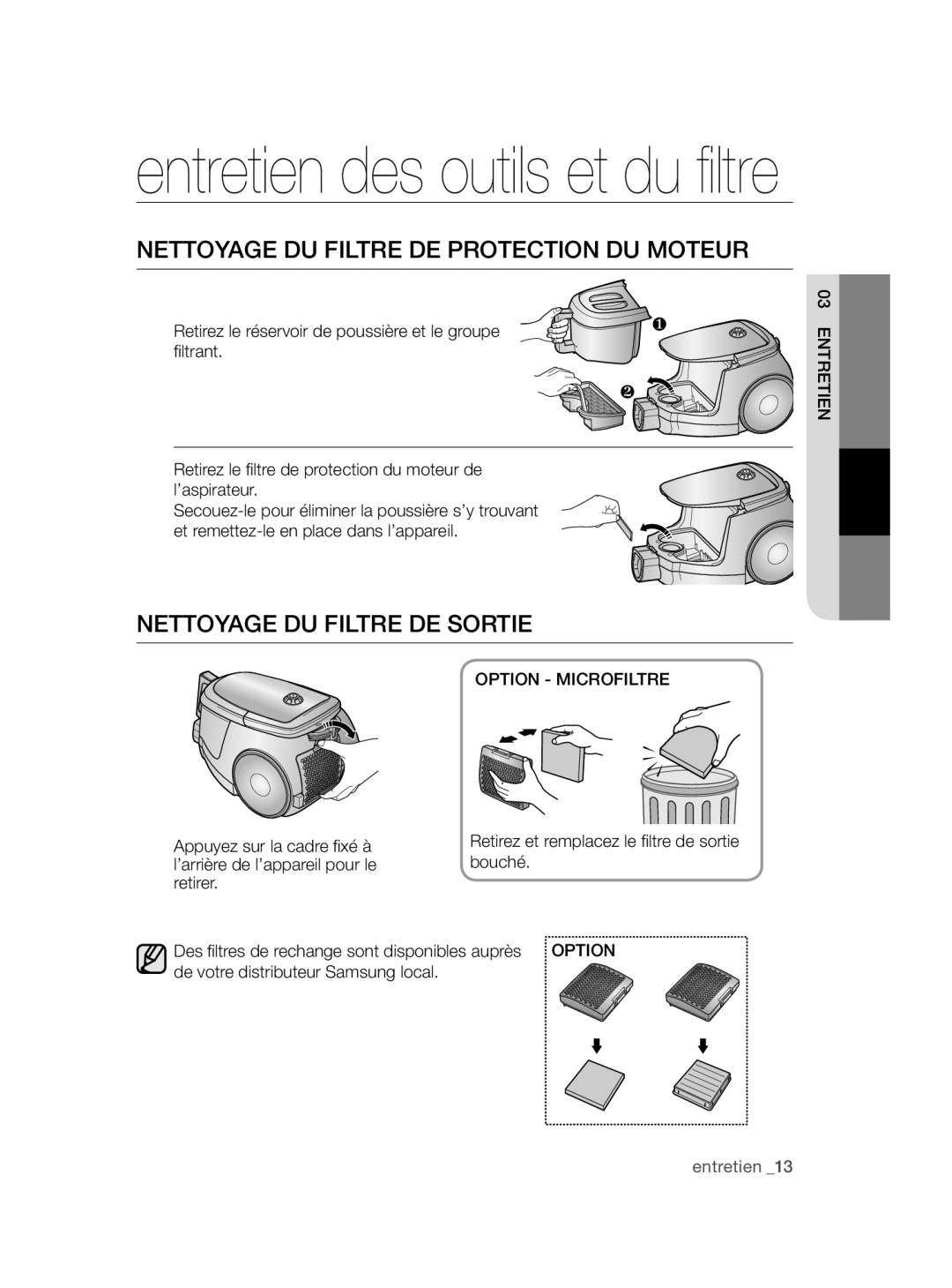 Samsung VCC47J0V3G/XEP, VCC47J0V36/XEG manual Nettoyage DU Filtre DE Protection DU Moteur, Nettoyage DU Filtre DE Sortie 