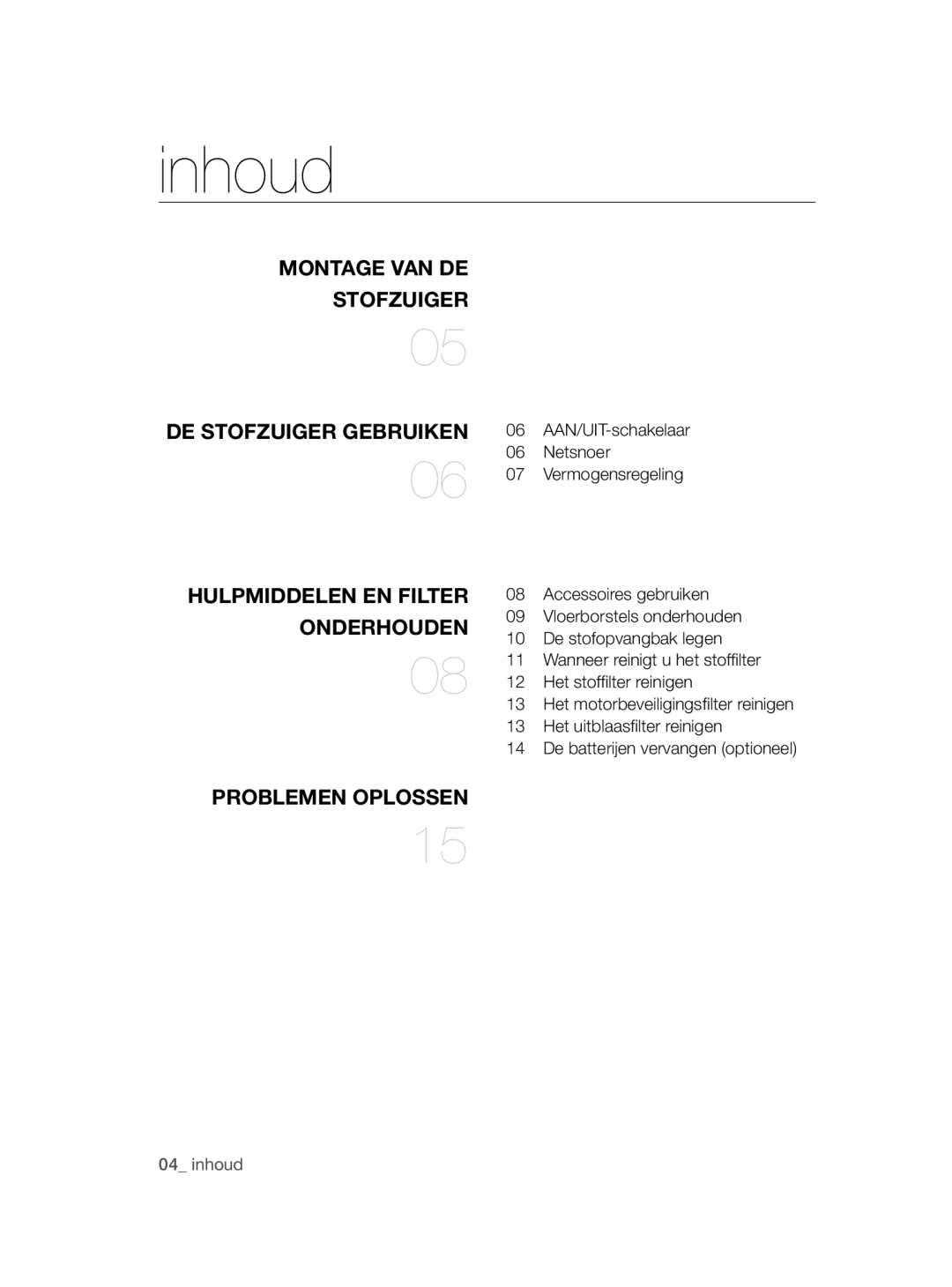 Samsung VCC47J0V36/XEG, VCC47J0V3G/XEP manual Inhoud 