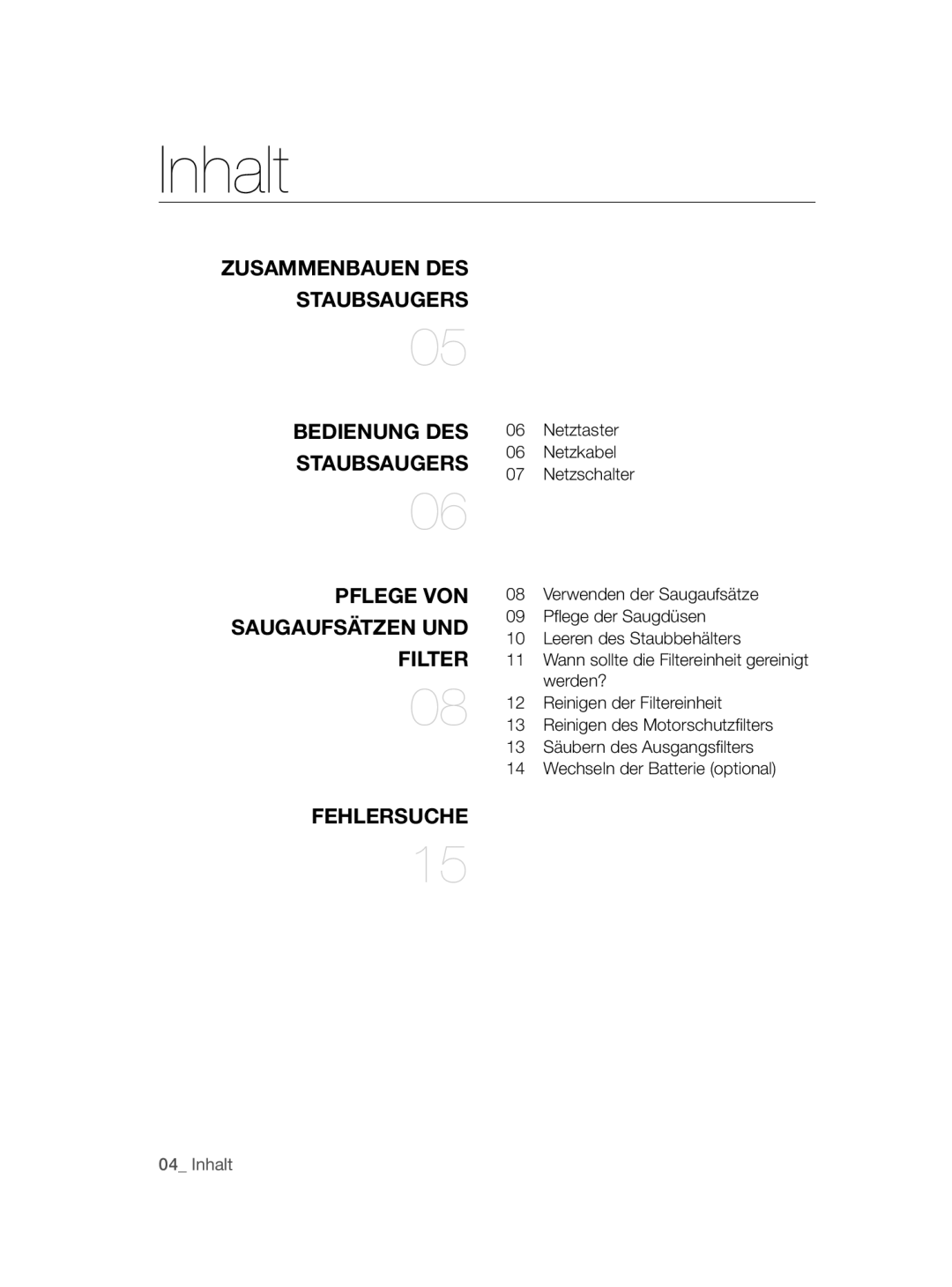 Samsung VCC47J0V36/XEG, VCC47J0V3G/XEP manual Inhalt 