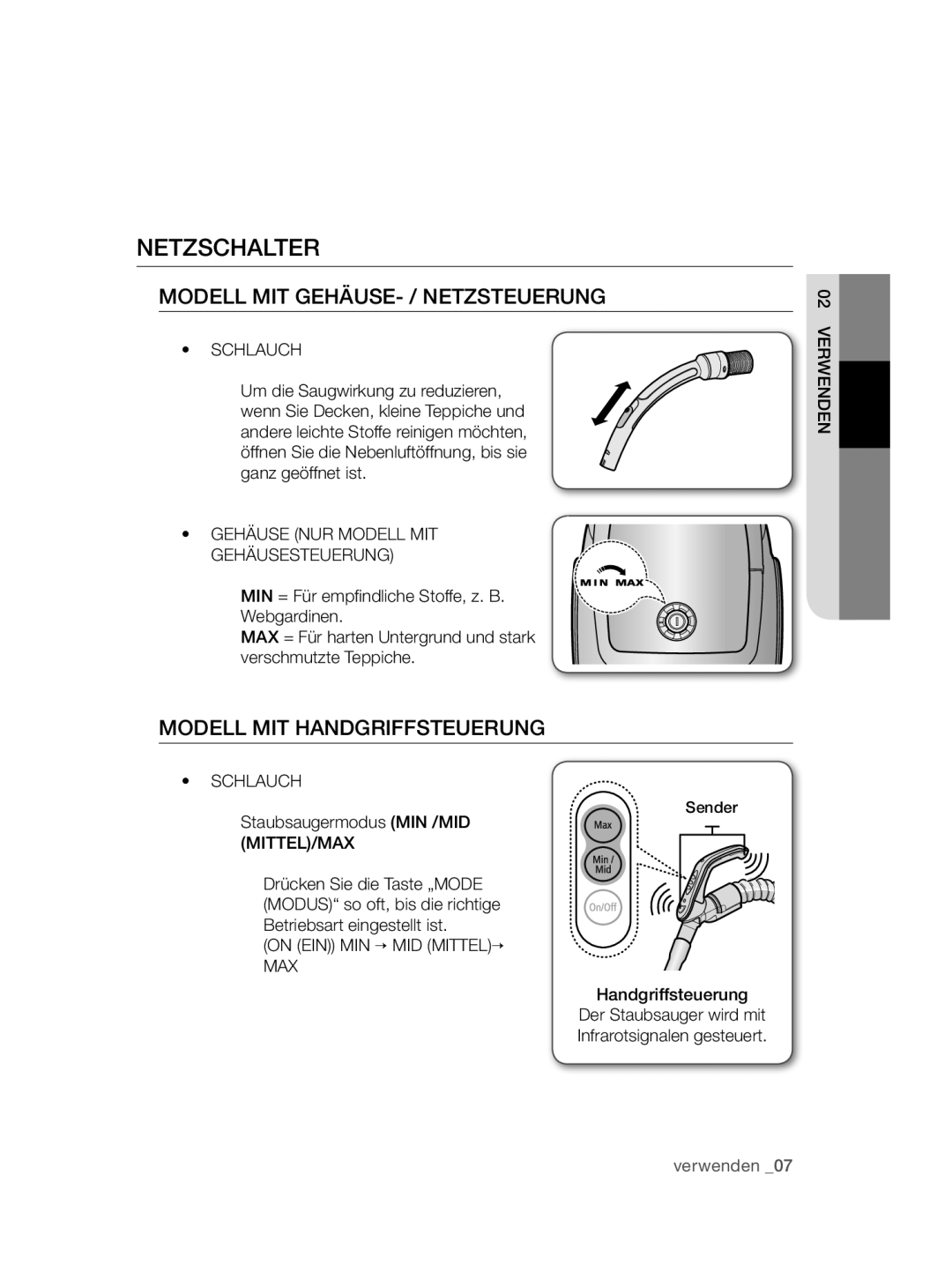 Samsung VCC47J0V3G/XEP manual Netzschalter, Schlauch, Gehäuse NUR Modell MIT Gehäusesteuerung, On EIN MIN → MID MITTEL→ MAX 