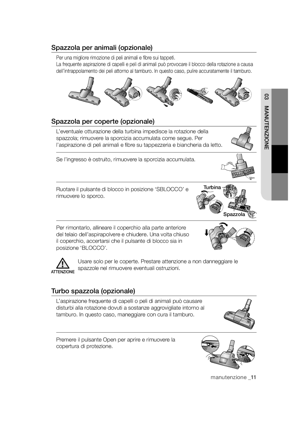 Samsung VCC47T0H36/XET manual Spazzola per animali opzionale, Spazzola per coperte opzionale, Turbo spazzola opzionale 