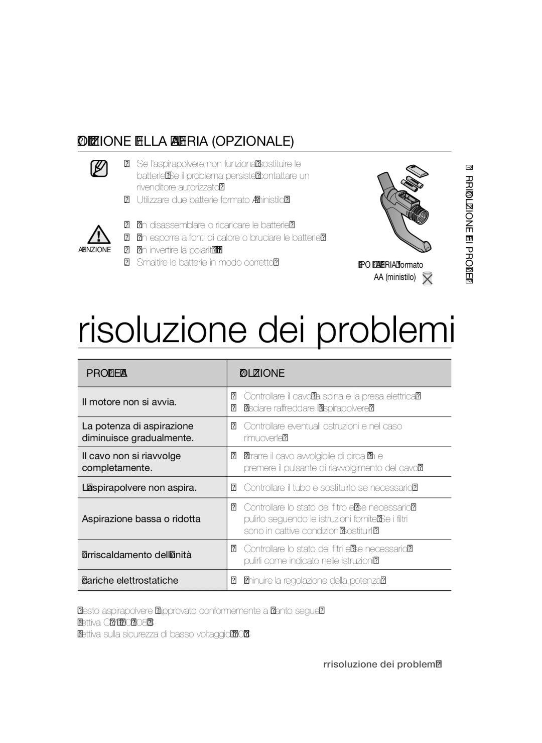 Samsung VCC47T0H36/XET, VCC47Q0V37/XET Risoluzione dei problemi, Sostituzione Della Batteria Opzionale, Problema Soluzione 