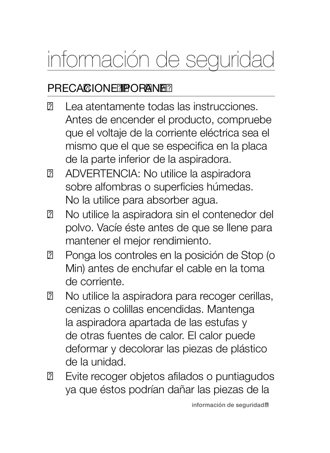 Samsung VCC47T0H36/XET, VCC47Q0V37/XET manual Precauciones Importantes 