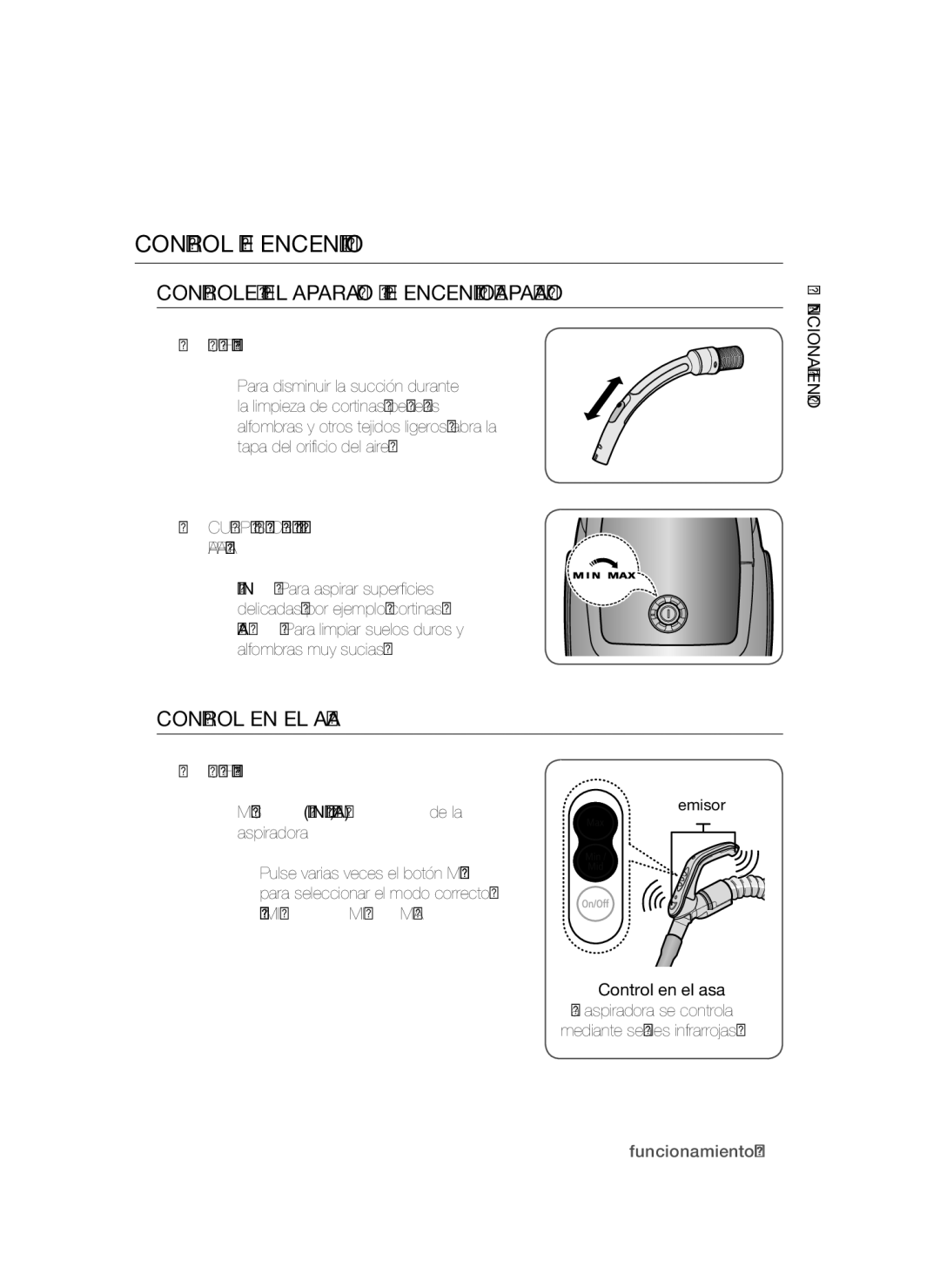 Samsung VCC47T0H36/XET, VCC47Q0V37/XET manual Control DE Encendido, Tubo Flexible, Cuerpo Sólo Control EN EL Aparato 