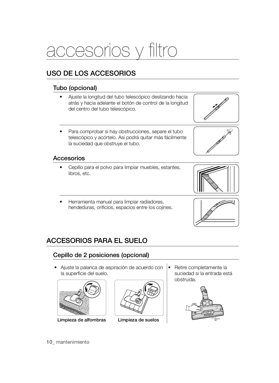 Samsung VCC47Q0V37/XET, VCC47T0H36/XET manual Accesorios y filtro, USO DE LOS Accesorios, Accesorios Para EL Suelo 