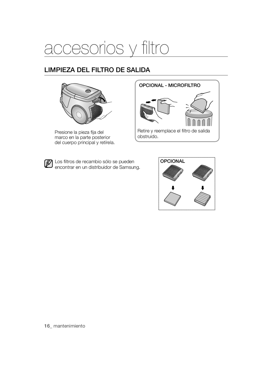 Samsung VCC47Q0V37/XET, VCC47T0H36/XET manual Limpieza DEL Filtro DE Salida, Opcional Microfiltro 