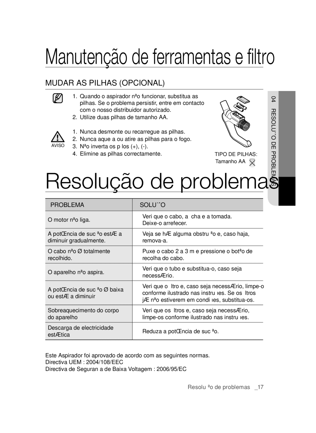 Samsung VCC47T0H36/XET, VCC47Q0V37/XET manual Resolução de problemas, Mudar AS Pilhas Opcional, Problema Solução 