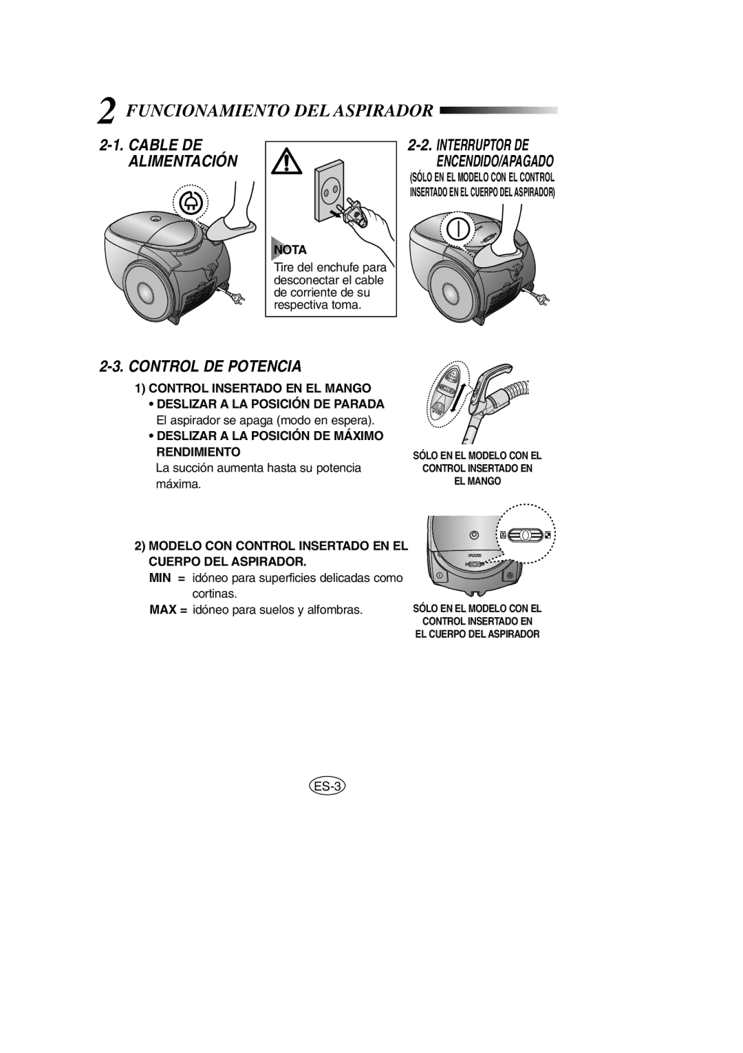 Samsung VCC5120V3G/XEC manual Funcionamiento DEL Aspirador, Control DE Potencia 