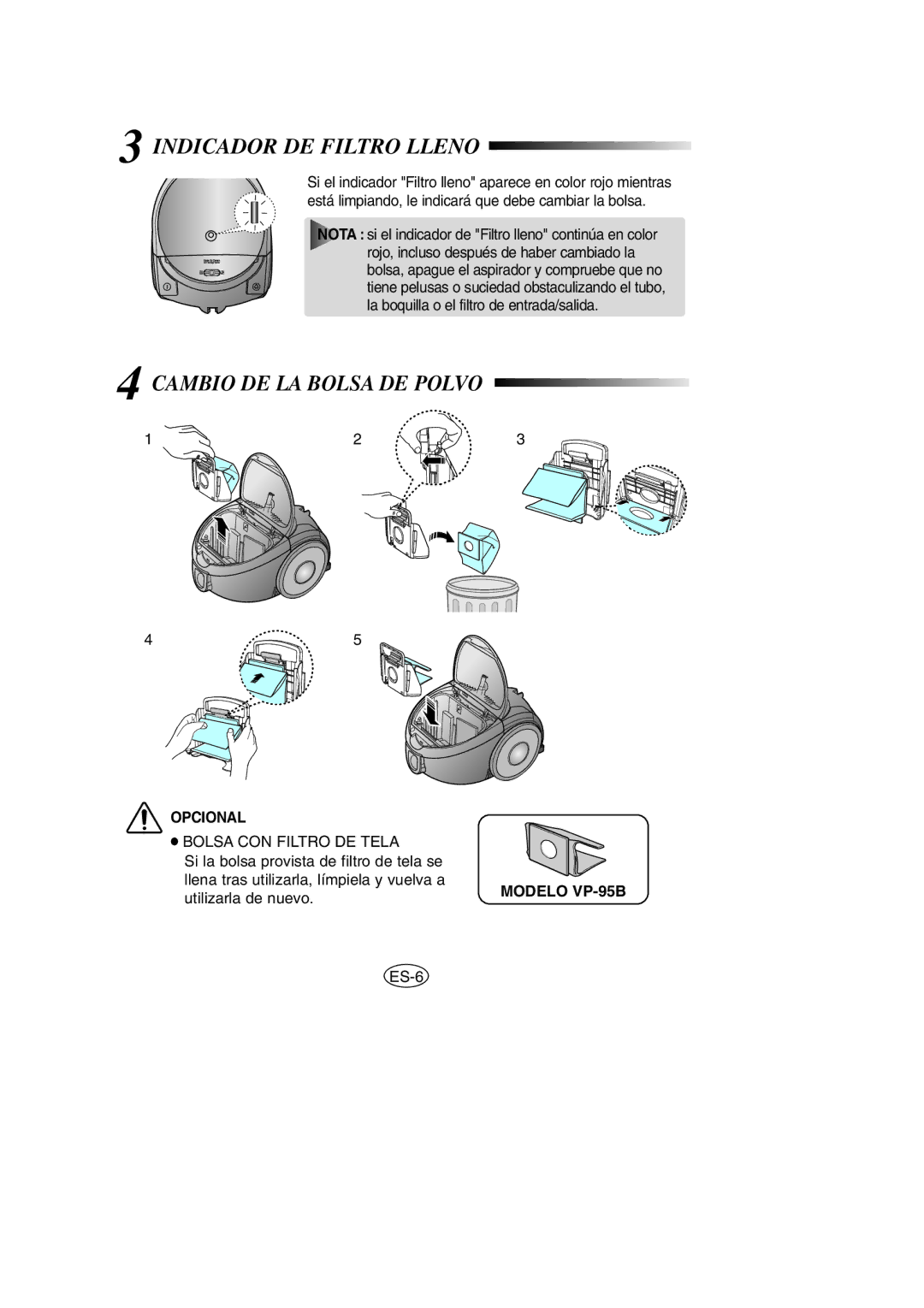 Samsung VCC5120V3G/XEC manual Indicador DE Filtro Lleno, Cambio DE LA Bolsa DE Polvo, Opcional, Modelo VP-95B 