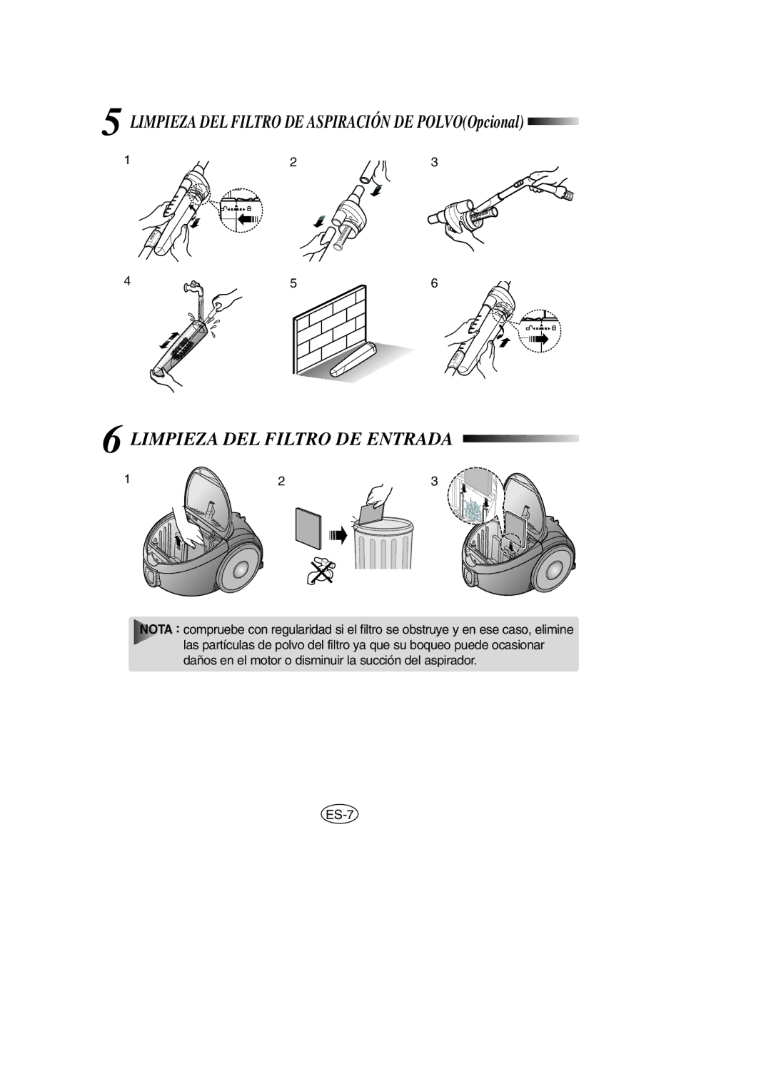 Samsung VCC5120V3G/XEC manual Limpieza DEL Filtro DE Entrada 