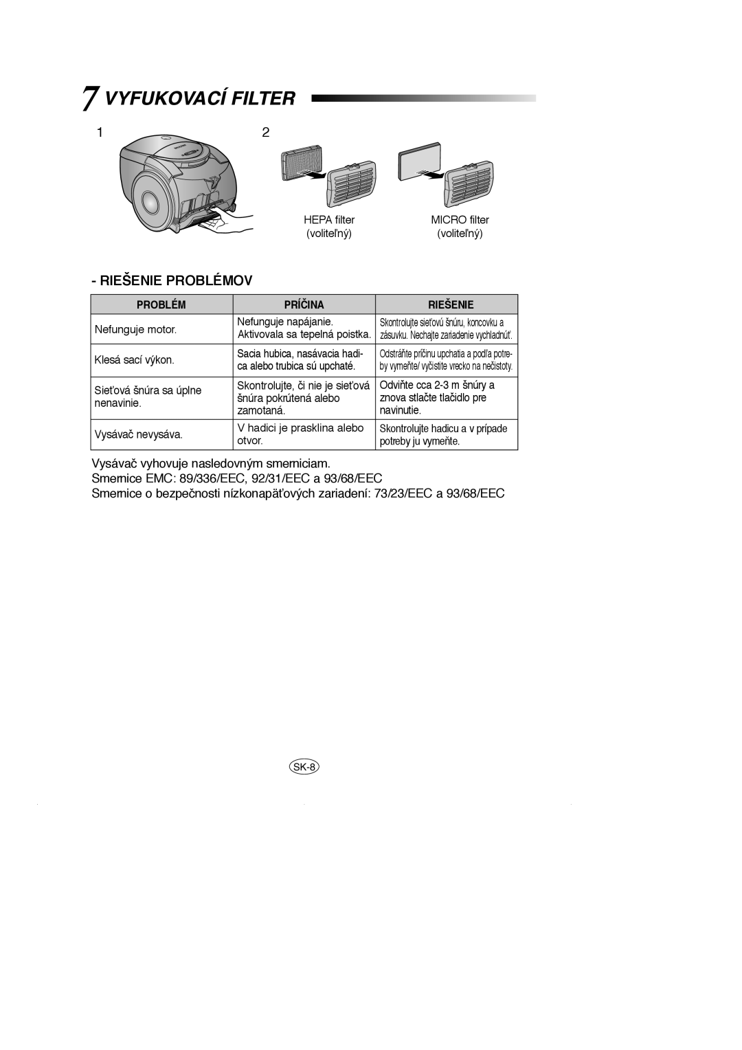 Samsung VCC5120V3S/XEV, VCC5120V3S/XEE, VCC5120V33/XEH manual Vyfukovací Filter, Problém Príčina Riešenie 