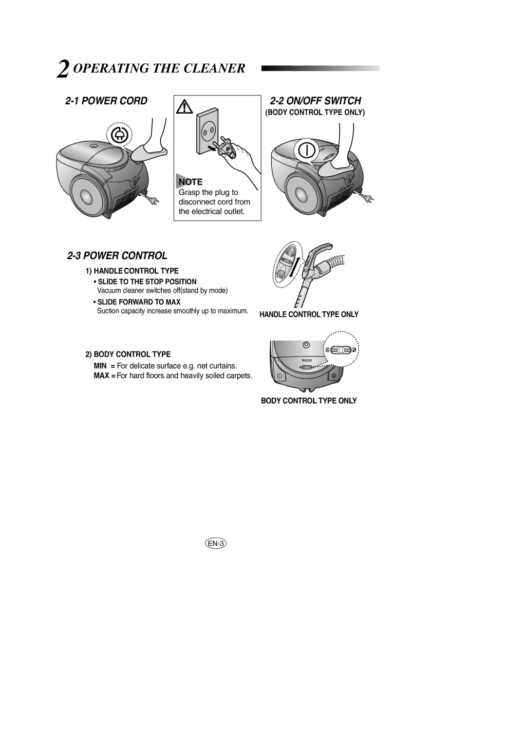 Samsung VCC5120V33/XEH, VCC5120V3S/XEE, VCC5120V3S/XEV manual Power Cord, ON/OFF Switch, Power Control 