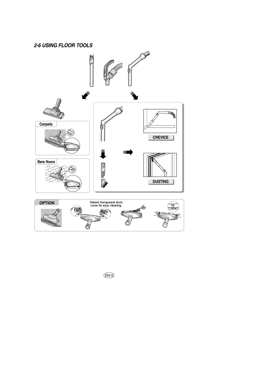 Samsung VCC5120V3S/XEE, VCC5120V33/XEH, VCC5120V3S/XEV manual Using Floor Tools, Crevice, Dusting Option 