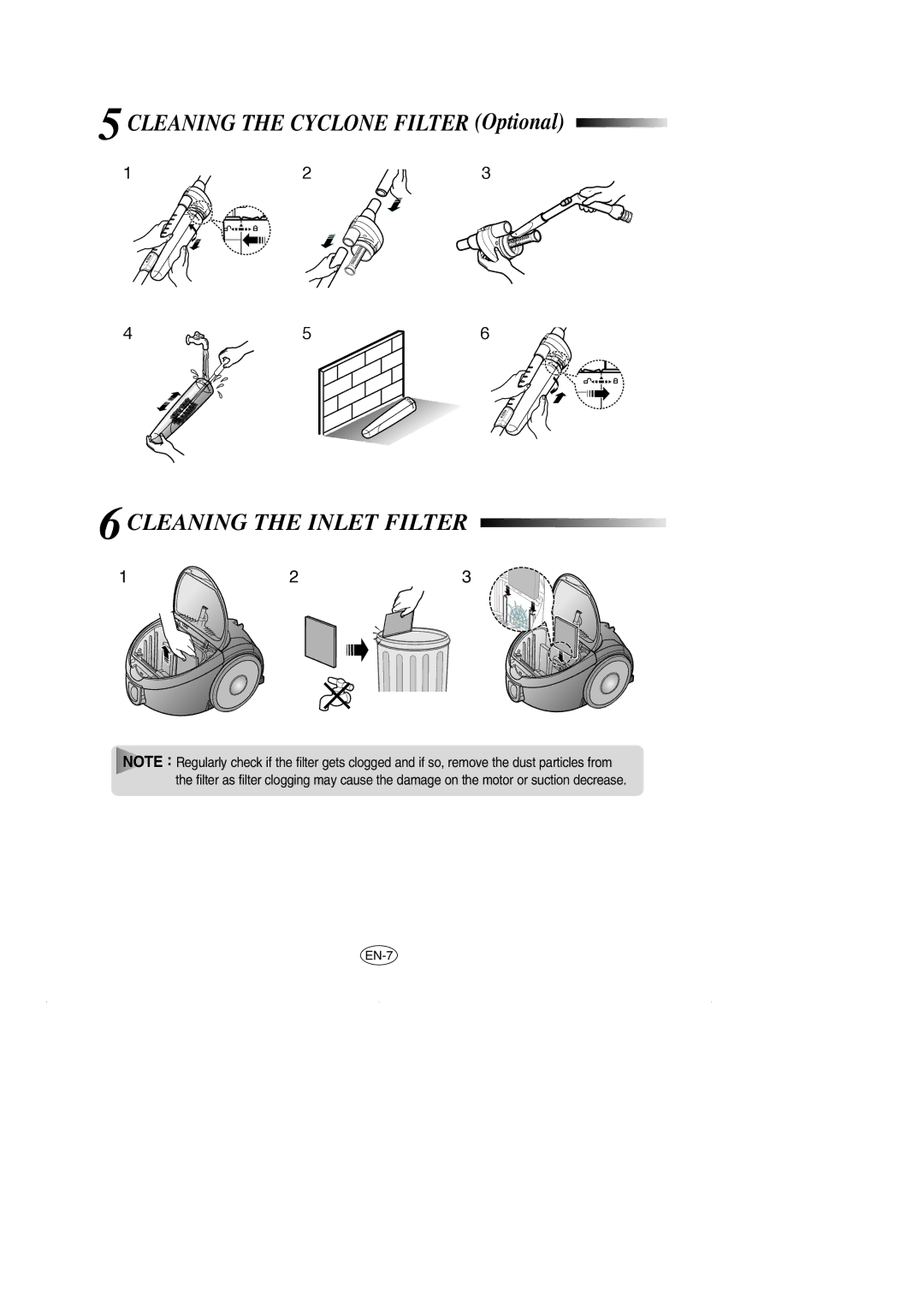 Samsung VCC5120V3S/XEV, VCC5120V3S/XEE, VCC5120V33/XEH manual Cleaning the Inlet Filter 