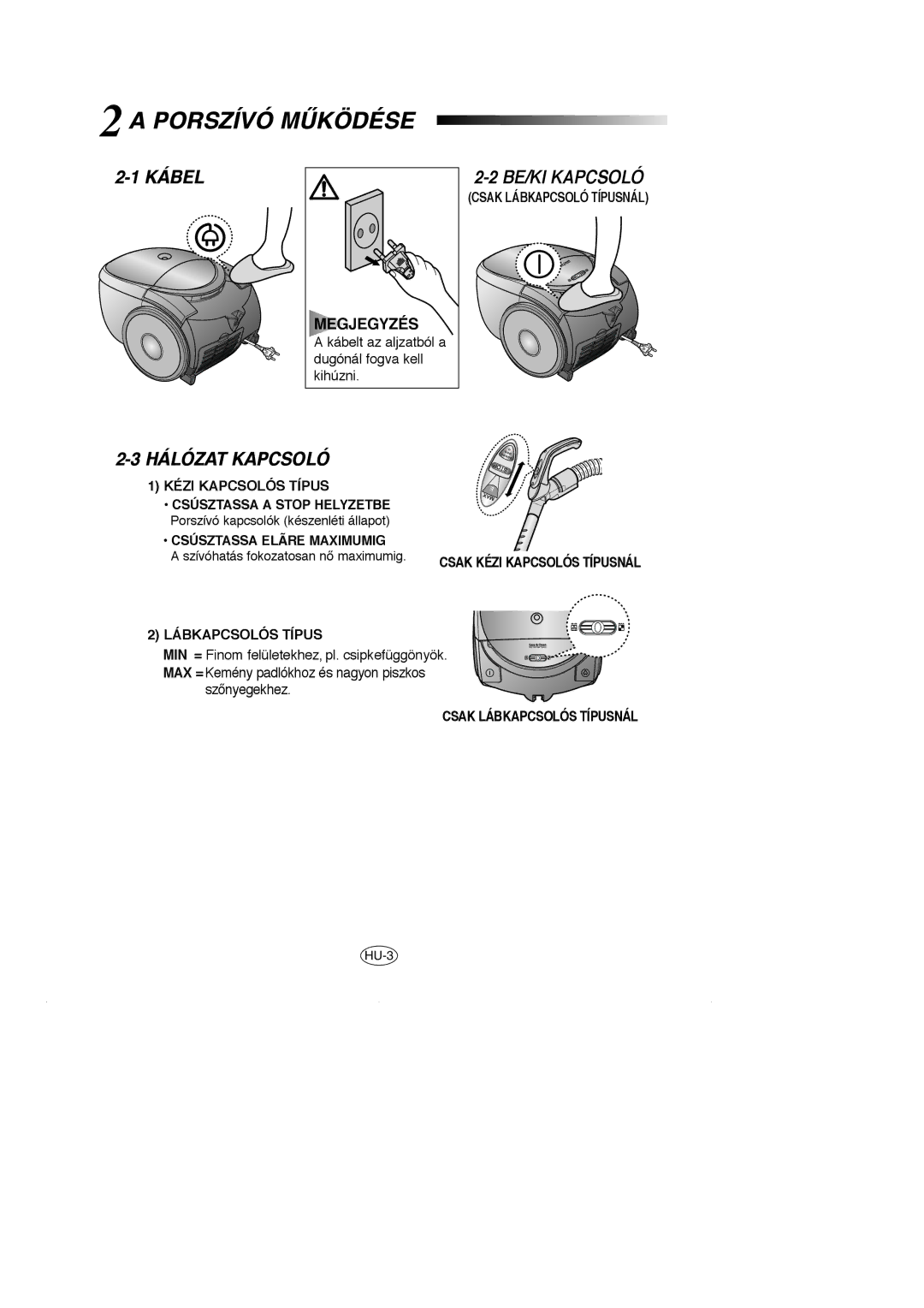 Samsung VCC5120V33/XEH, VCC5120V3S/XEE, VCC5120V3S/XEV manual Porszívó Mùködése, Kábel, BE/KI Kapcsoló, Hálózat Kapcsoló 