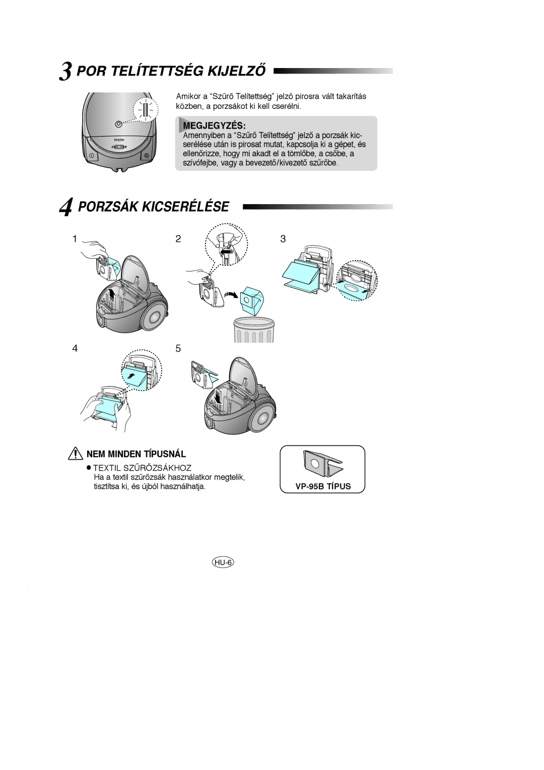 Samsung VCC5120V33/XEH, VCC5120V3S/XEE, VCC5120V3S/XEV manual POR Telítettség Kijelzã, Porzsák Kicserélése, VP-95B Típus 